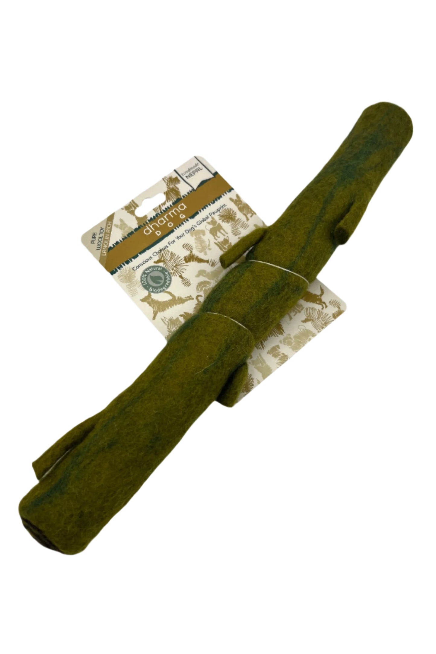 Dharma Dog Green Wool Stick Toy - a natural, eco-friendly dog toy made from felted wool. Designed for interactive play, it’s durable and safe for dogs to chew and fetch.