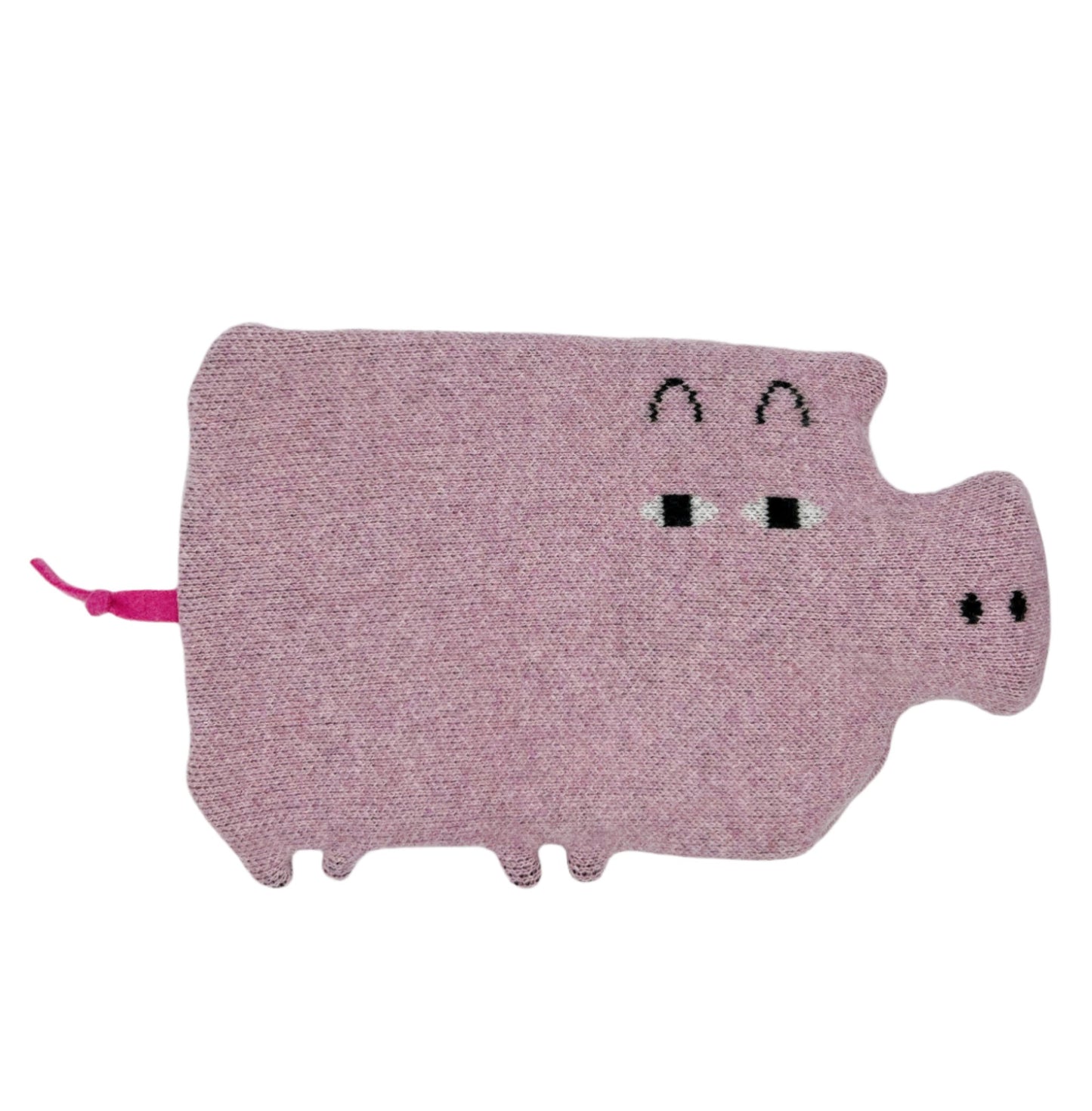 Pink piglet-shaped hot water bottle by Donna Wilson, featuring a cozy knitted cover with a cute pig face, little ears, and small tail. Ideal for keeping warm and snug, with a soft, whimsical design.