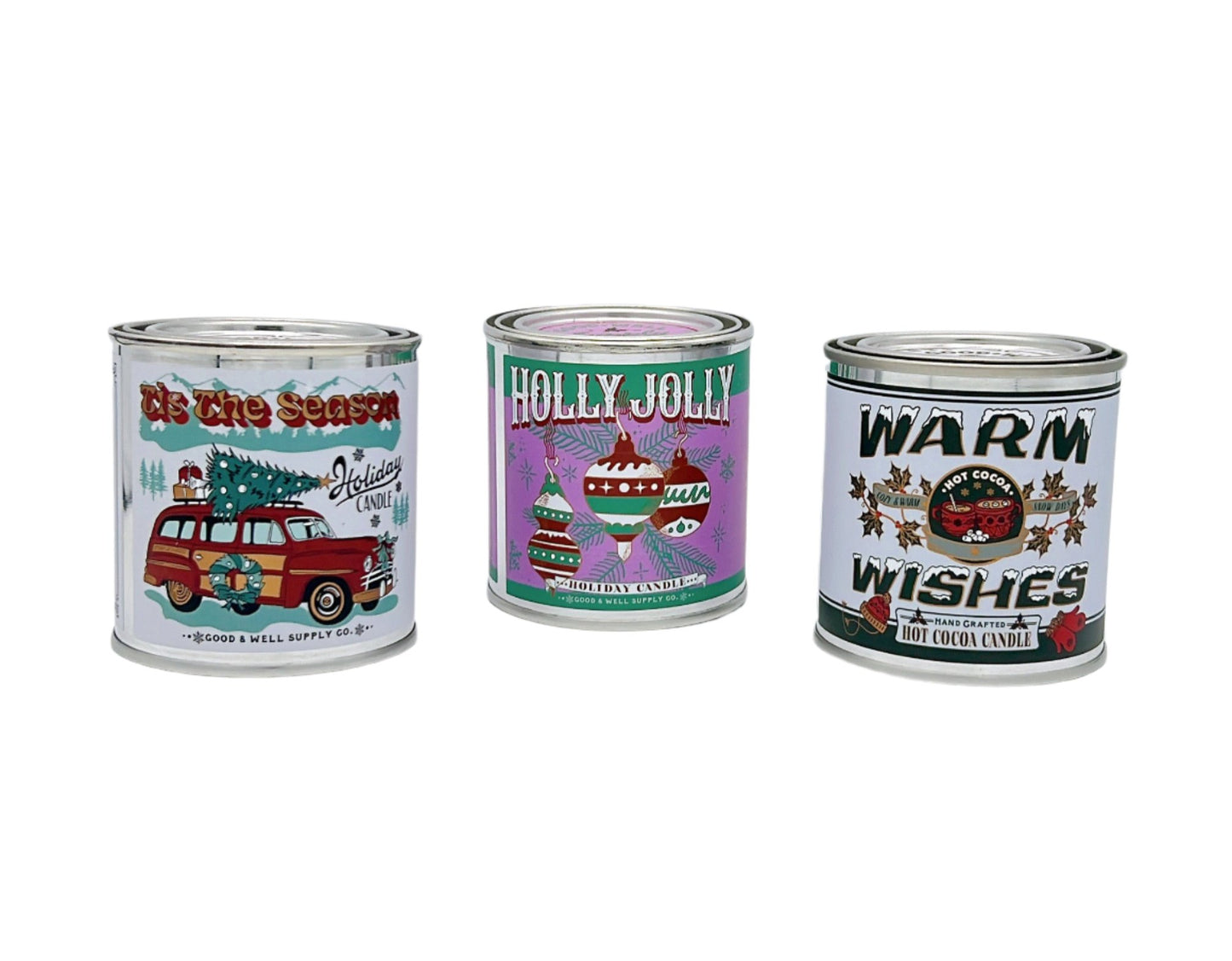 Good and Well Holiday Candles in festive, eco-friendly packaging, featuring hand-poured soy wax and holiday-inspired scents, perfect for seasonal decor or gifting.