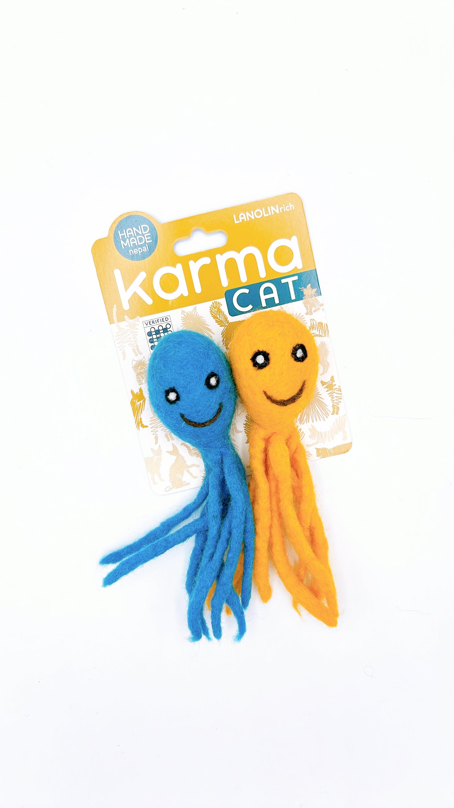 Karma Cat Wool Octopus Cat Toys - Pack of 2, eco-friendly, handmade felted cat toys in vibrant colors for cats to bat and play with.