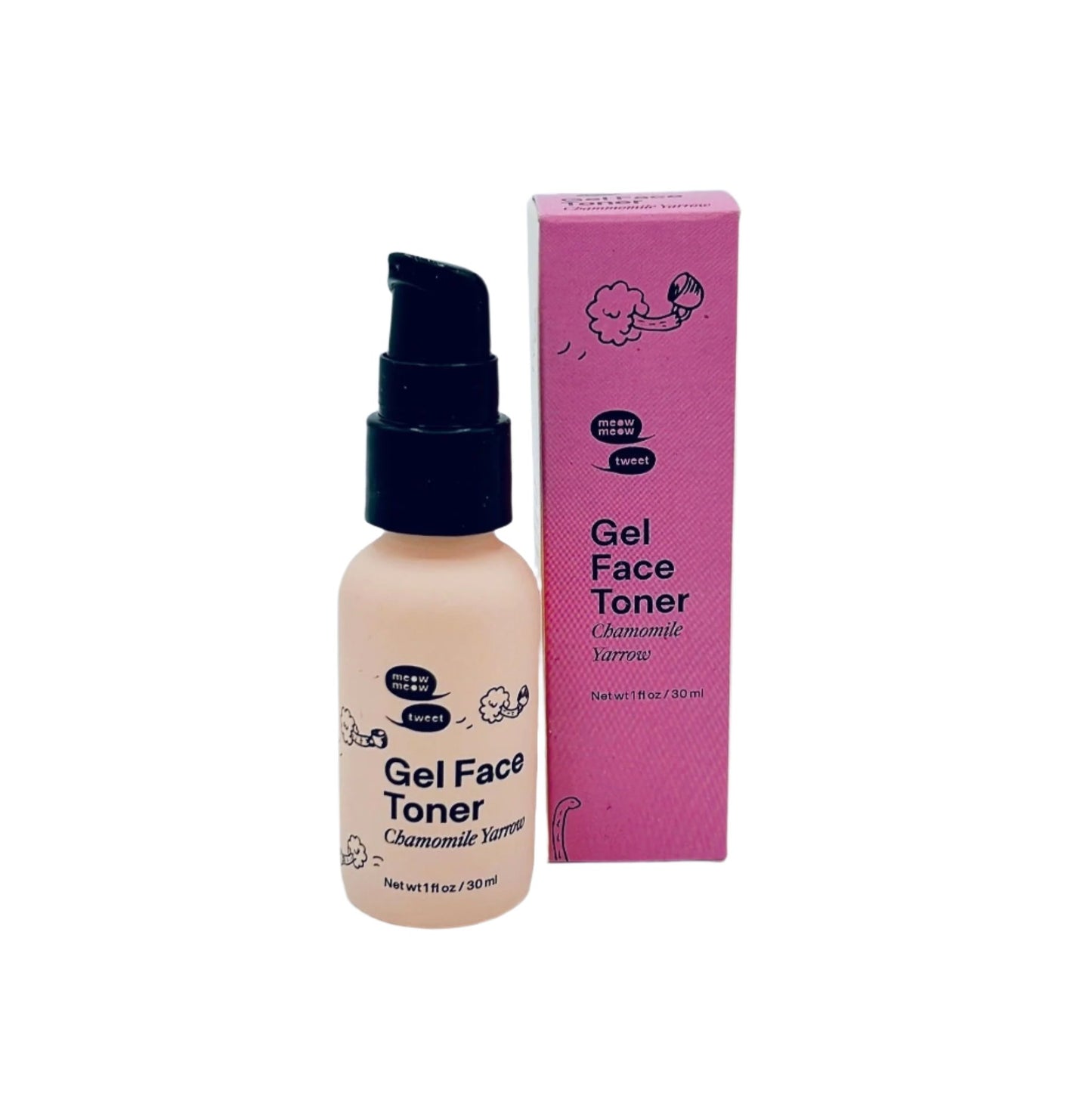 Meow Meow Tweet Chamomile and Yarrow Gel Face Toner in a eco-friendly glass bottle; a natural, vegan toner designed to hydrate, soothe, and balance skin for all skin types.