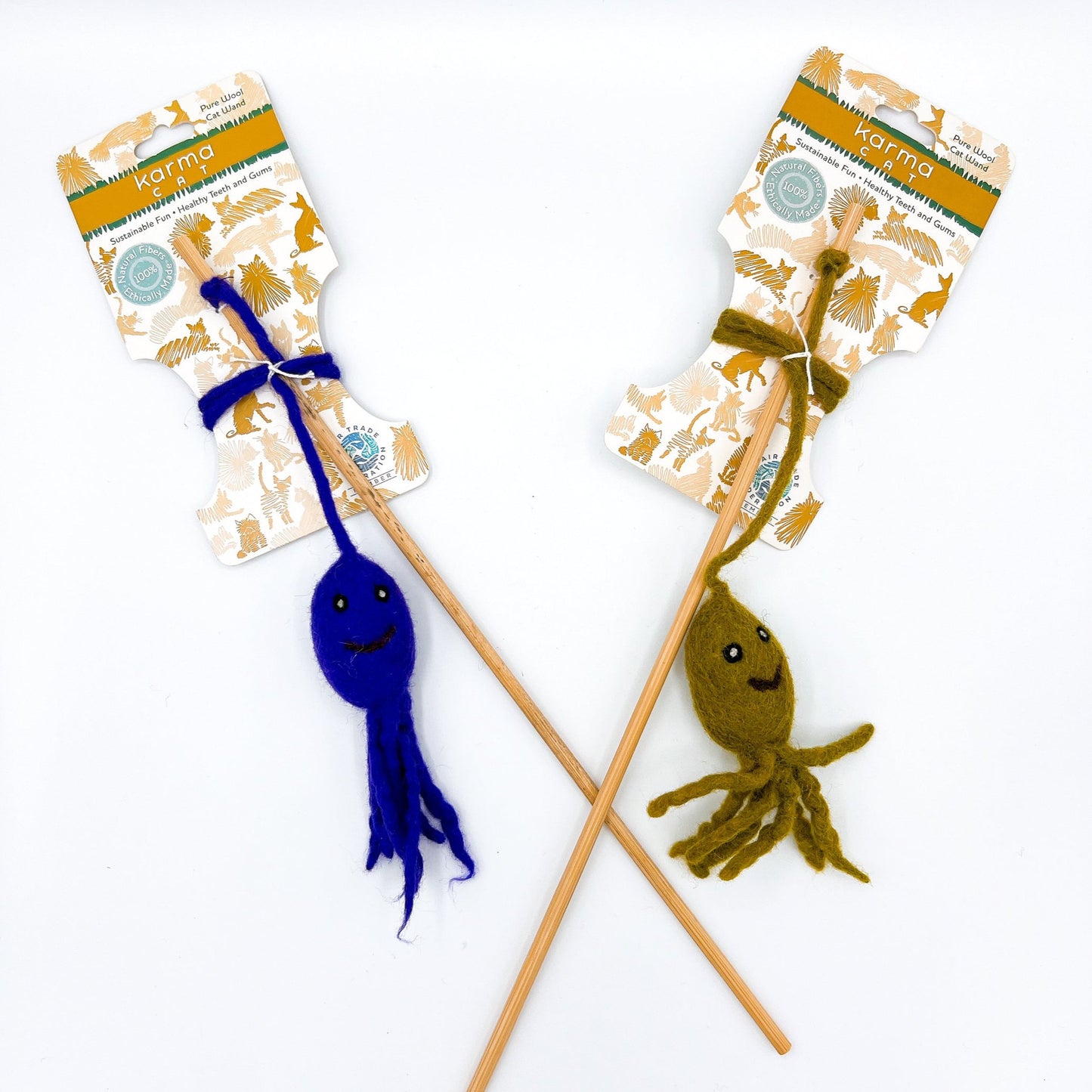 Bright and colorful Karma Cat Wool Octopus Cat Teaser with bamboo wand, eco-friendly and fair trade, designed for interactive play with cats of all ages.