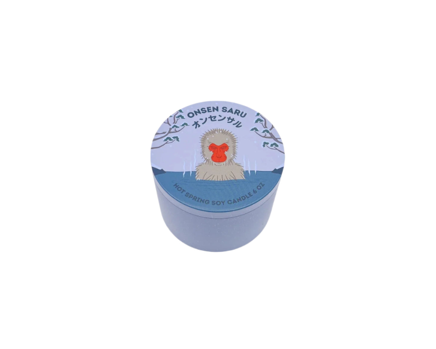 Onsen Saru Candle in a tin, hand-poured soy candle scented with Japanese matsu pine, cedarwood, snow, and Himalayan pink salt.