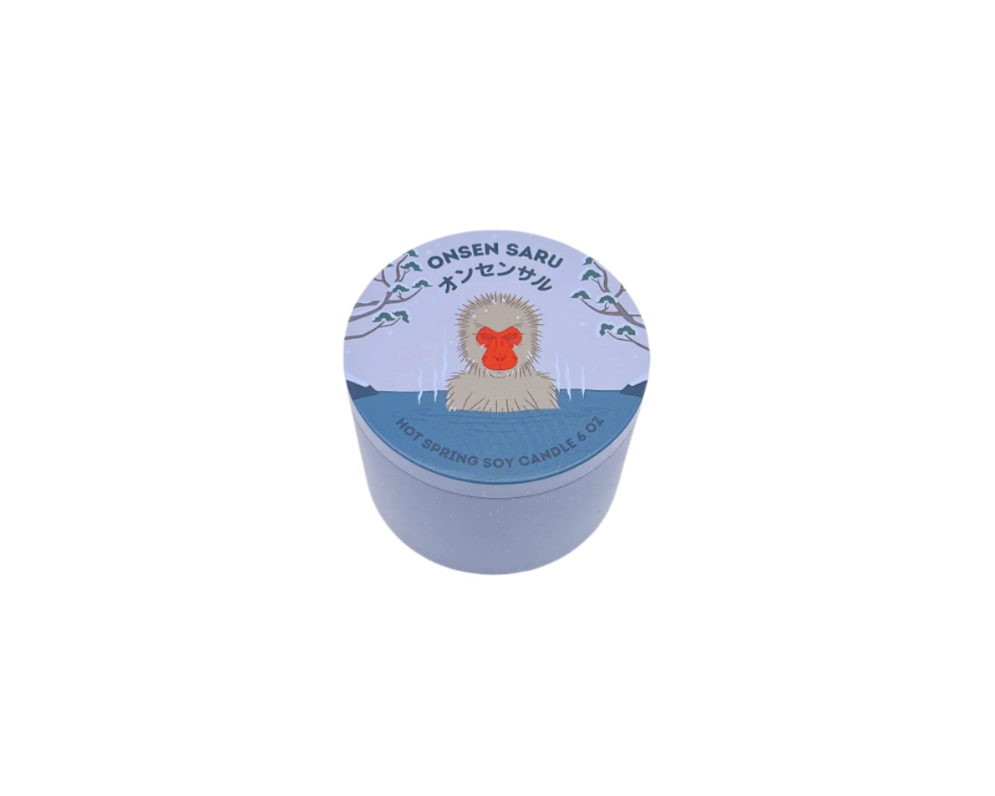 Onsen Saru Candle in a tin, hand-poured soy candle scented with Japanese matsu pine, cedarwood, snow, and Himalayan pink salt.
