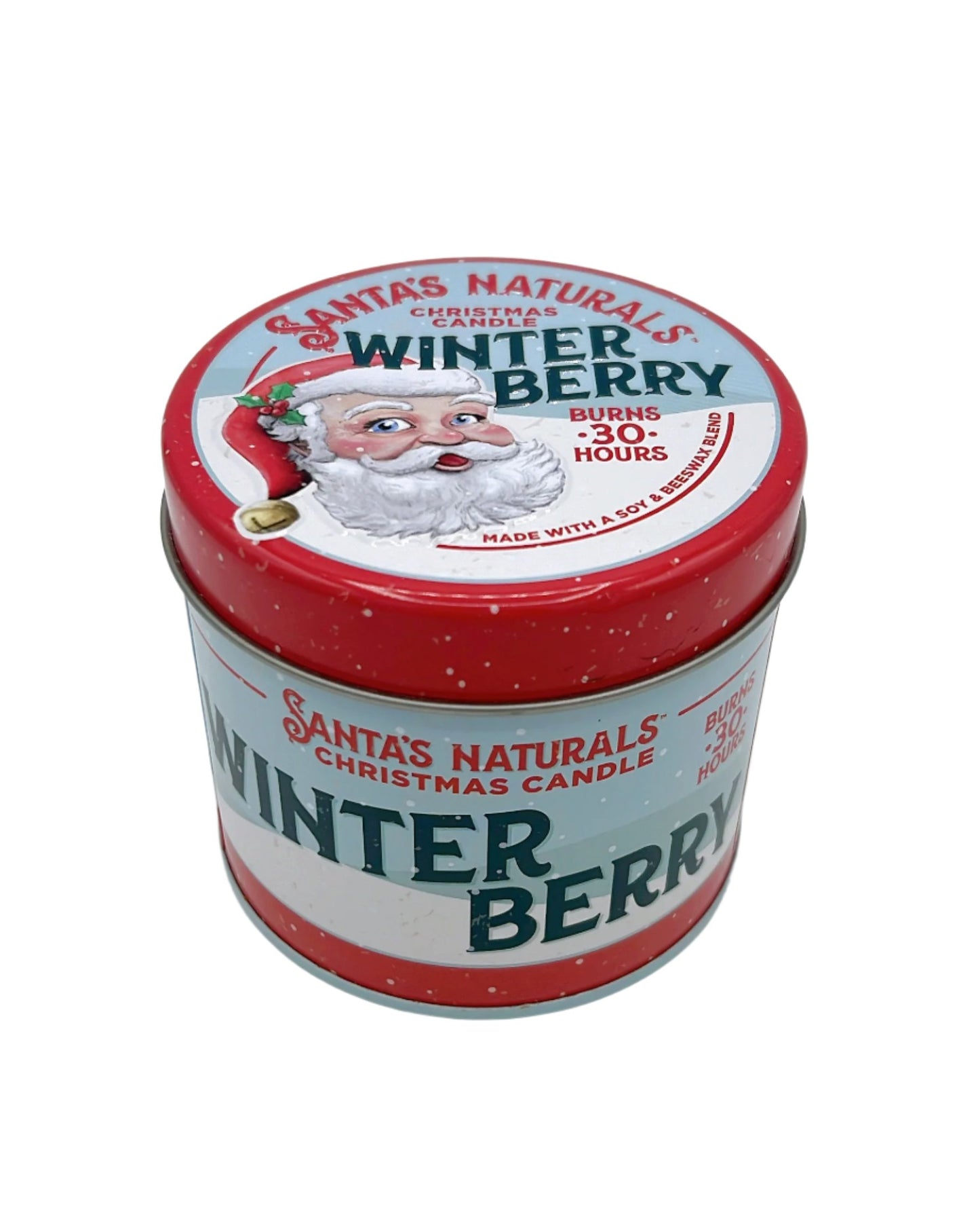 Santa's Naturals Winter Berry Christmas Candle in a sleek metal container, featuring a warm cinnamon scent. Made from a blend of soy and beeswax, this eco-friendly candle supports 1% for the Planet with every purchase.