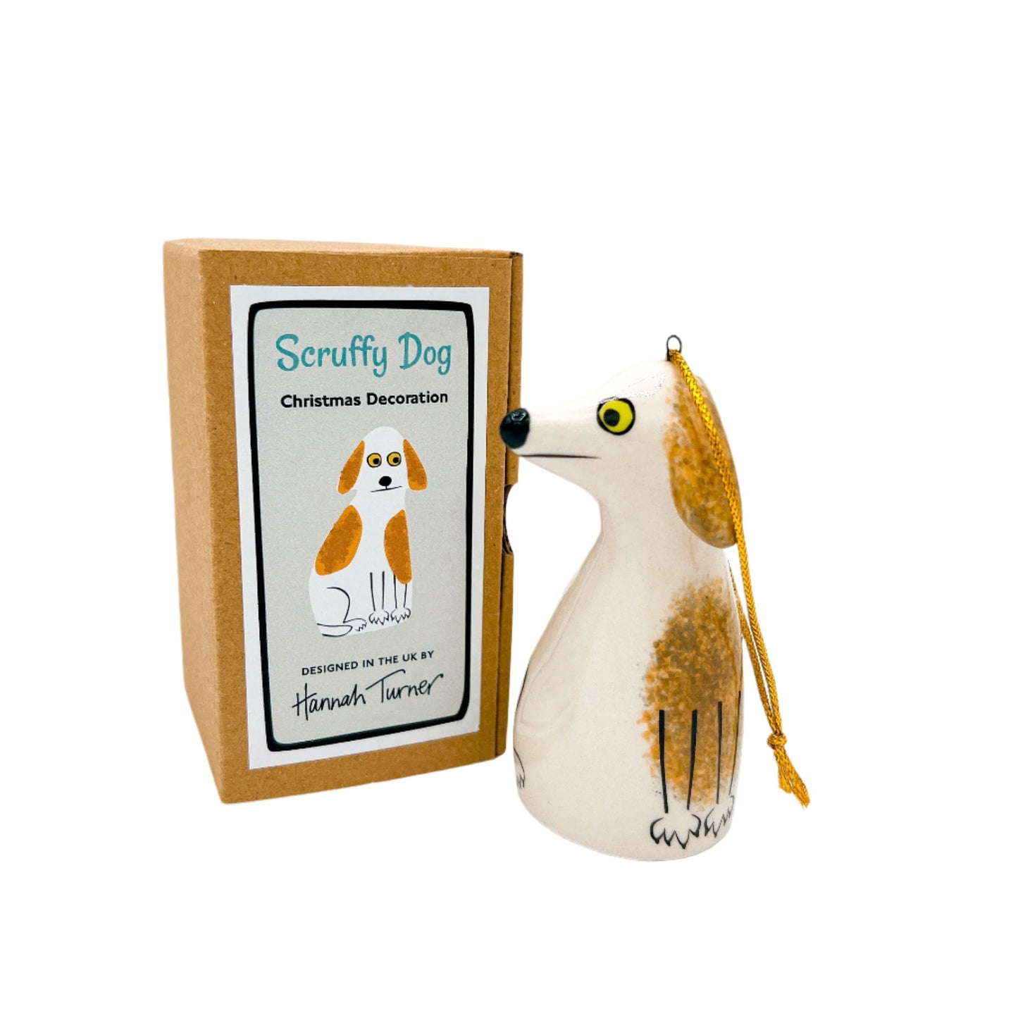Charming Hannah Turner Scruffy Dog Ornament featuring a whimsical ceramic dog design with hand-painted details, perfect for decorating or gifting.