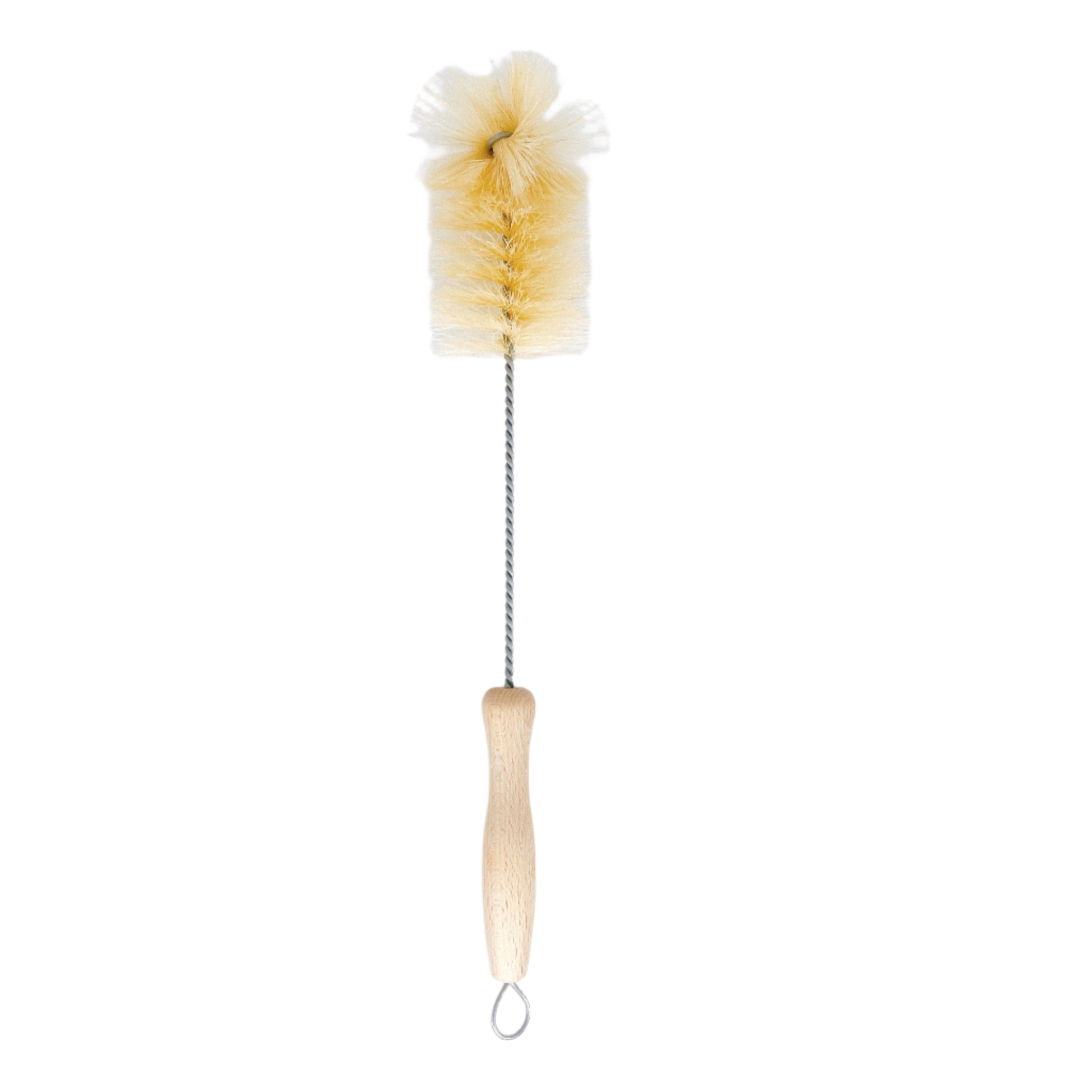 Long handle brush with stiff bristles, ideal for cleaning narrow and hard-to-reach areas in bottles.