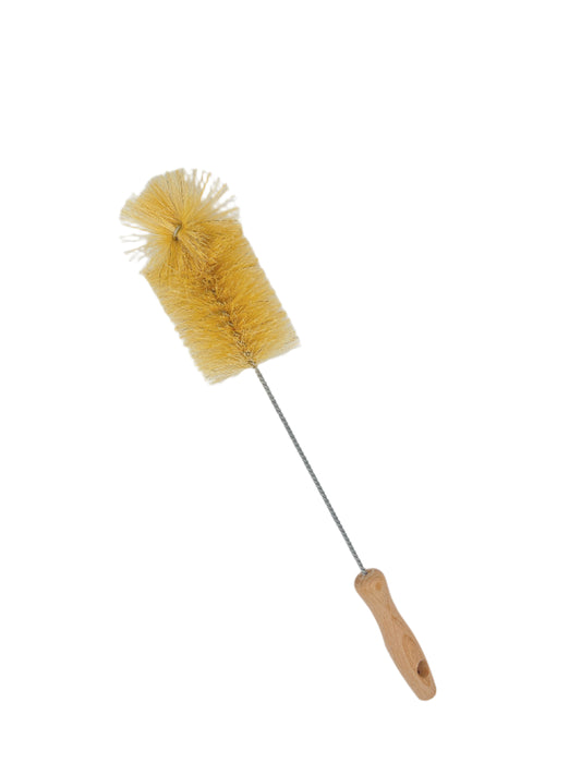 Long handle brush with stiff bristles, ideal for cleaning narrow and hard-to-reach areas in bottles.