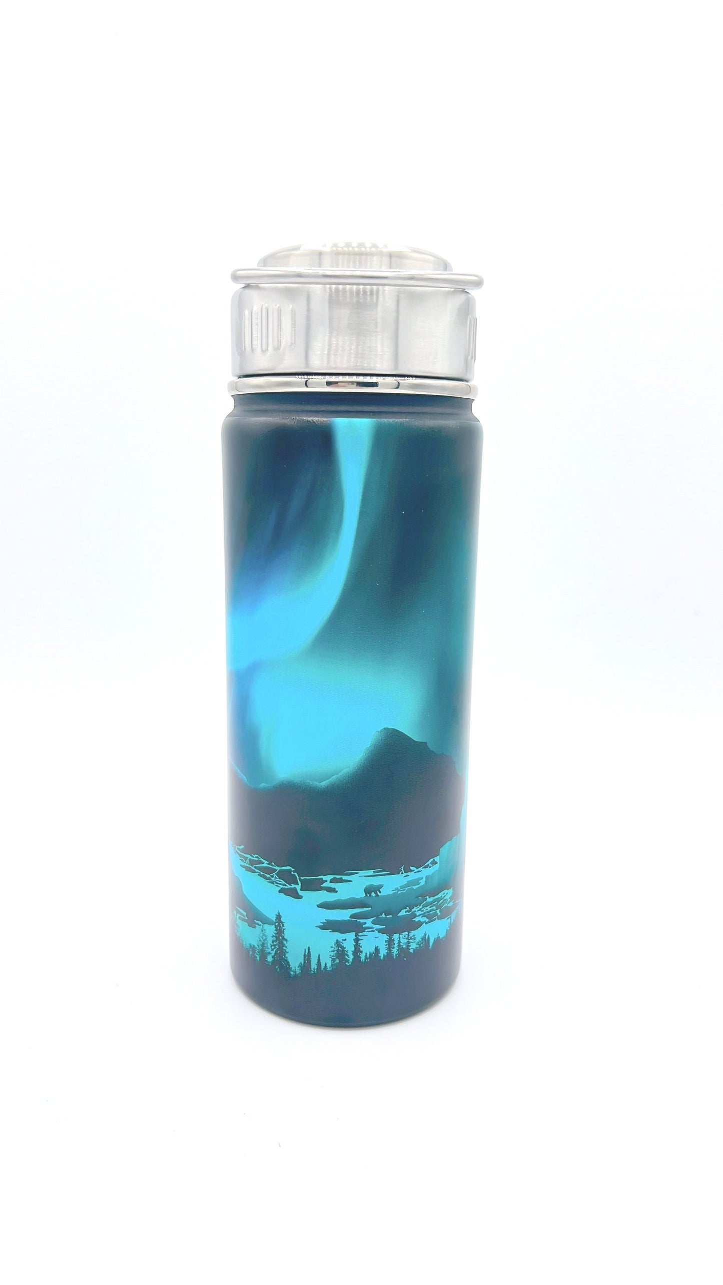 Cognitive Surplus Water Bottle featuring a Northern Lights design, perfect for eco-friendly hydration on the go. 18.6 fl oz