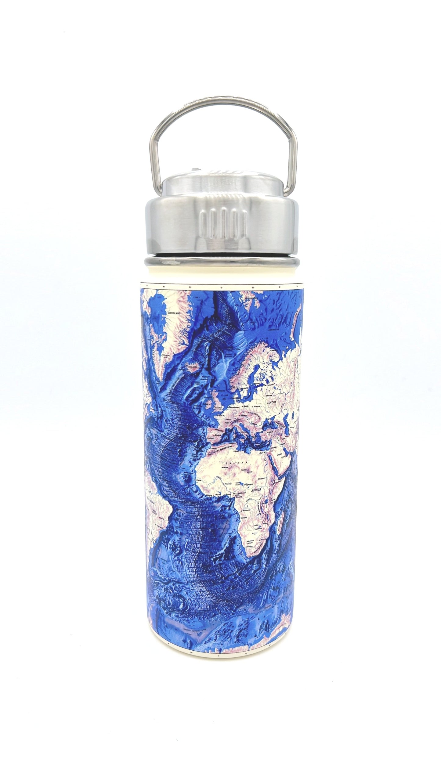 Cognitive Surplus Water Bottle featuring an ocean map design, perfect for eco-friendly hydration on the go. 18.6 fl oz