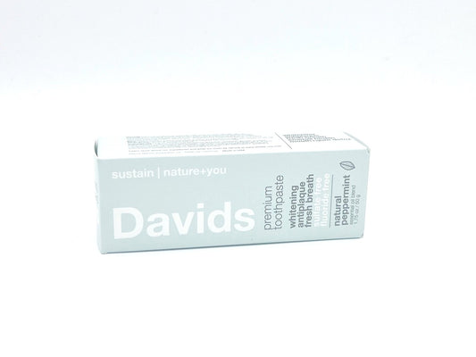 Davids Peppermint Toothpaste, natural and fluoride-free, in a travel size. Fresh breath and clean teeth, perfect for on-the-go dental care.