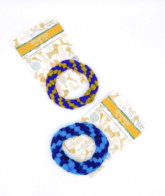 Dharma Dog Rope Toy Ring, made of durable wool, perfect for chewing and playing, eco-friendly and safe for dogs.