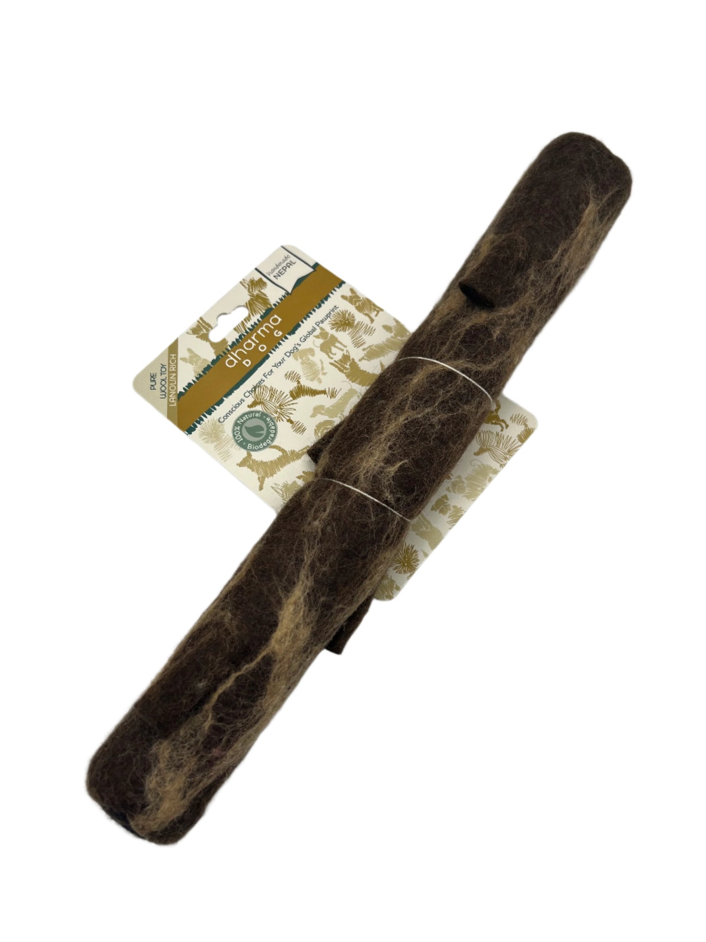 Dharma Dog Brown Wool Stick Toy - a natural, eco-friendly dog toy made from felted wool. Designed for interactive play, it’s durable and safe for dogs to chew and fetch.