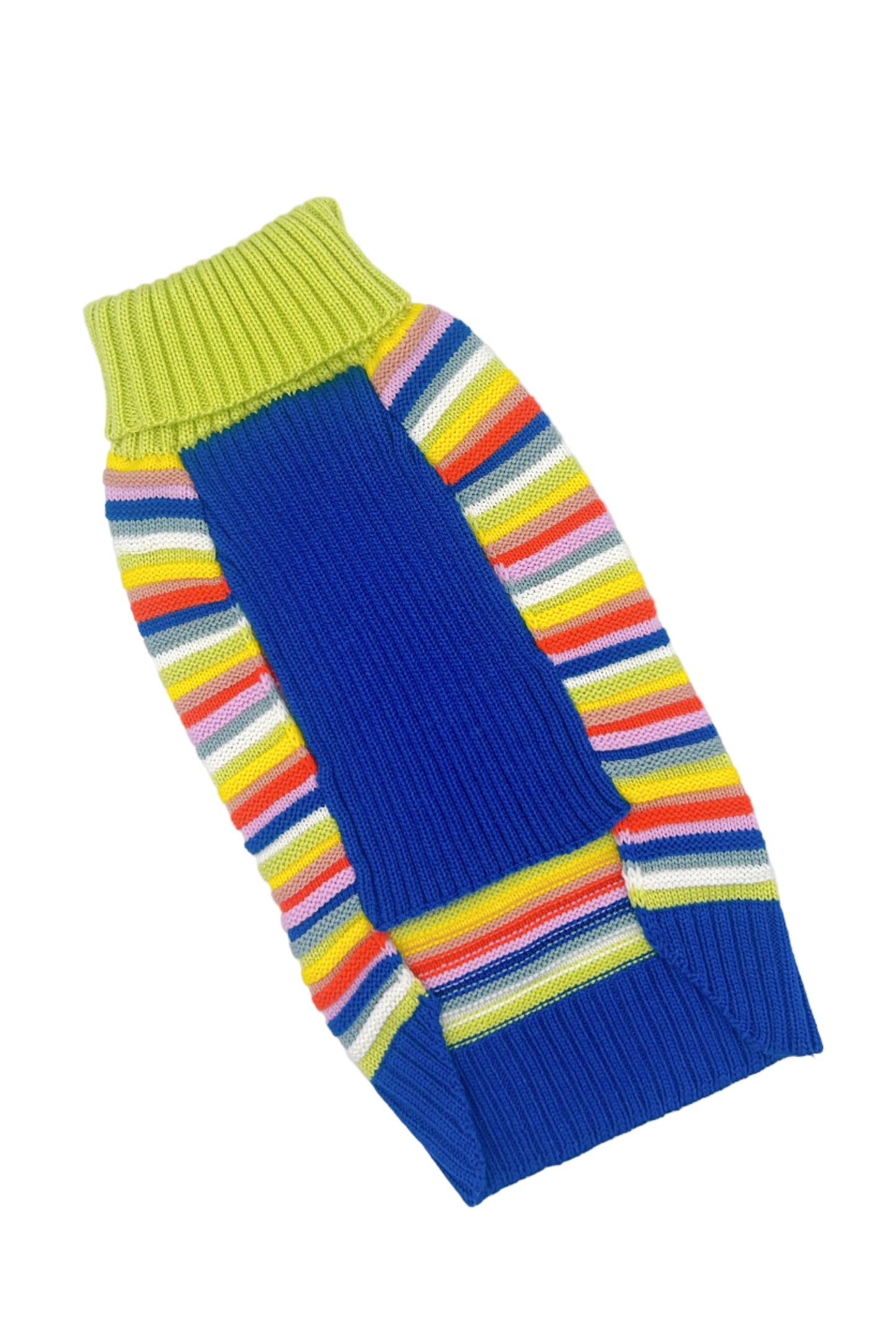 Colorful striped dog sweater by Verloop, featuring a cozy knit design with vibrant horizontal stripes and a comfortable fit for pets.