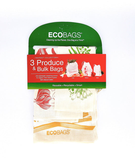 Set of durable, eco-friendly produce bags for fruits, veggies and bulk foods. A sustainable alternative to plastic bags.