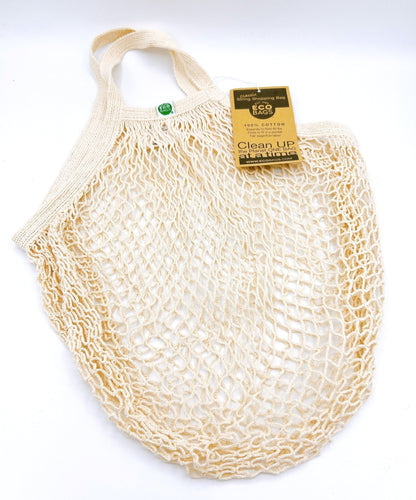 EcoBags String Bag, cream colored, eco-friendly cotton mesh, holds up to 40 lbs, perfect for groceries or daily use, durable and stylish.