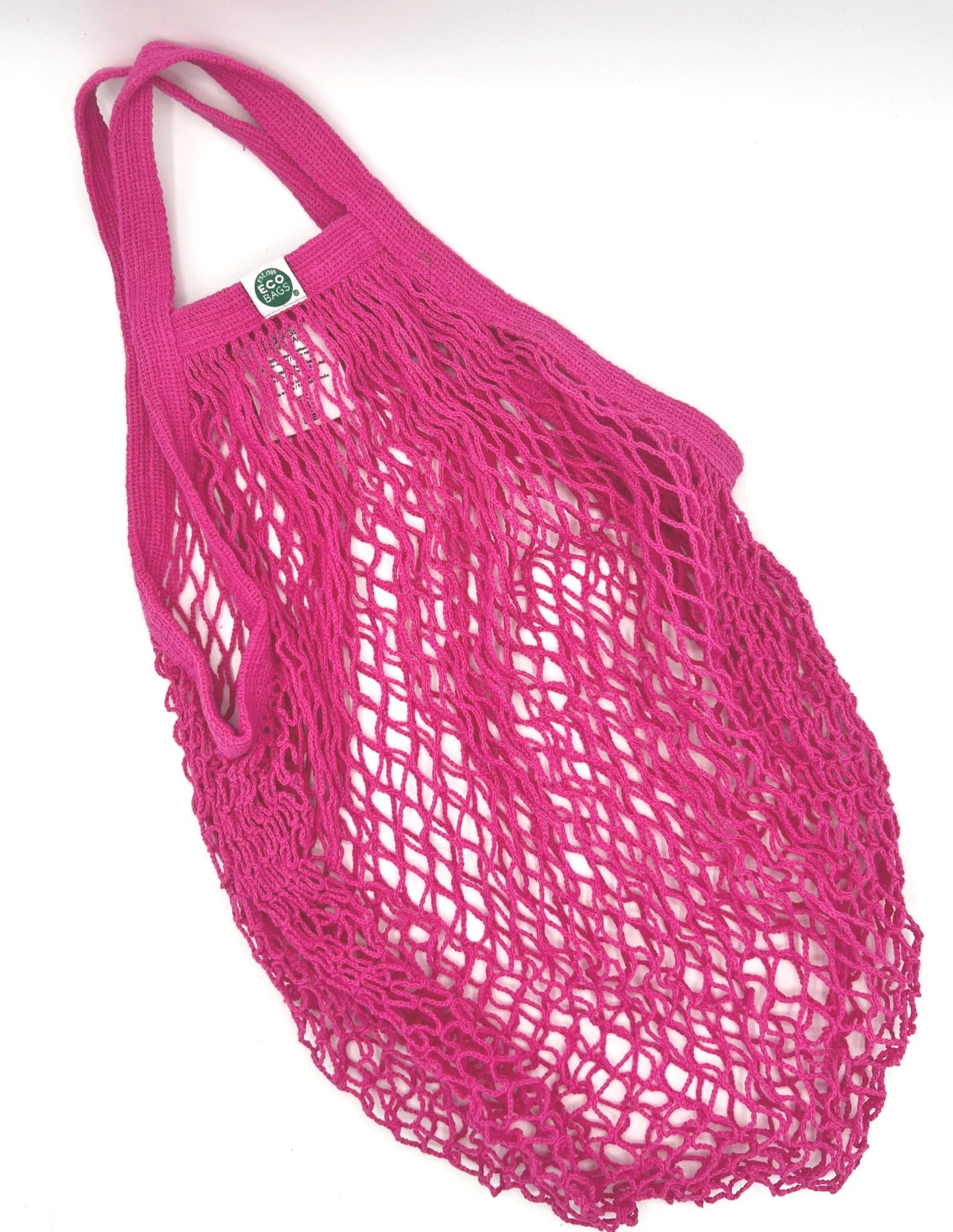 EcoBags String Bag, dark pink colored, eco-friendly cotton mesh, holds up to 40 lbs, perfect for groceries or daily use, durable and stylish.