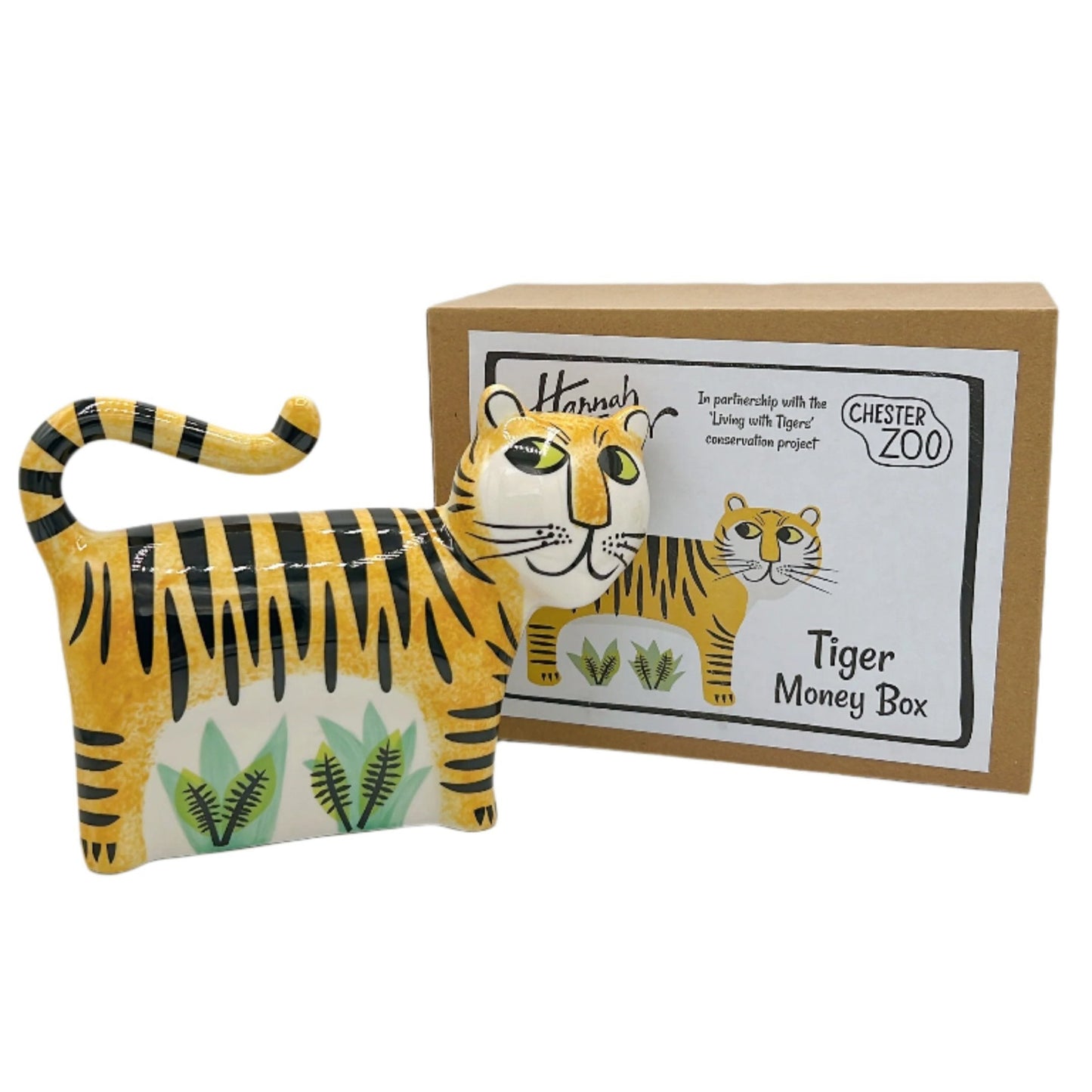 Cute ceramic tiger coin bank by Hannah Turner, featuring a whimsical hand-painted design and a practical removable stopper.