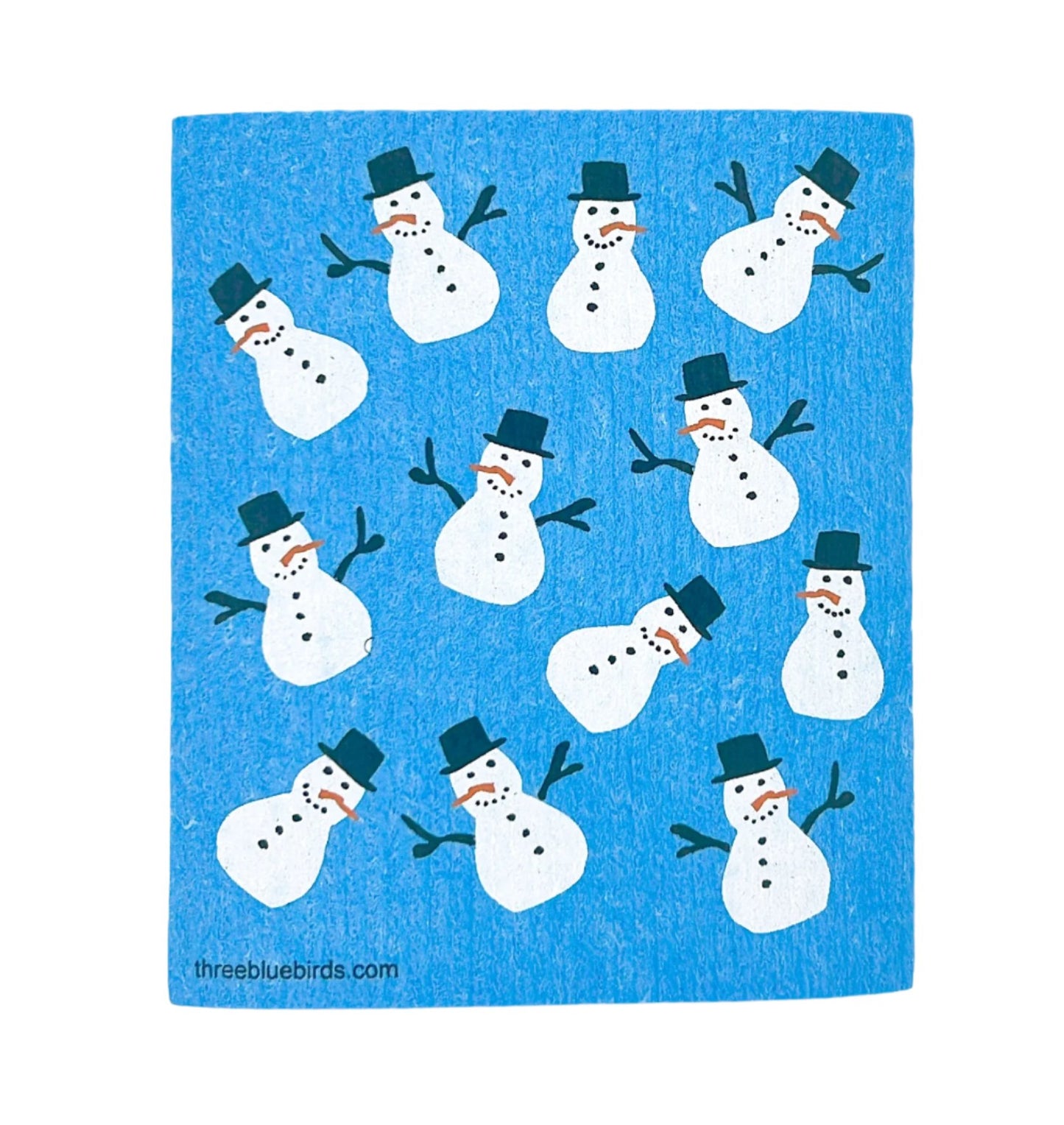 Three Bluebirds Swedish Holiday Dishcloth featuring festive holiday patterns, eco-friendly, reusable, and compostable cleaning cloth made from cellulose and cotton.