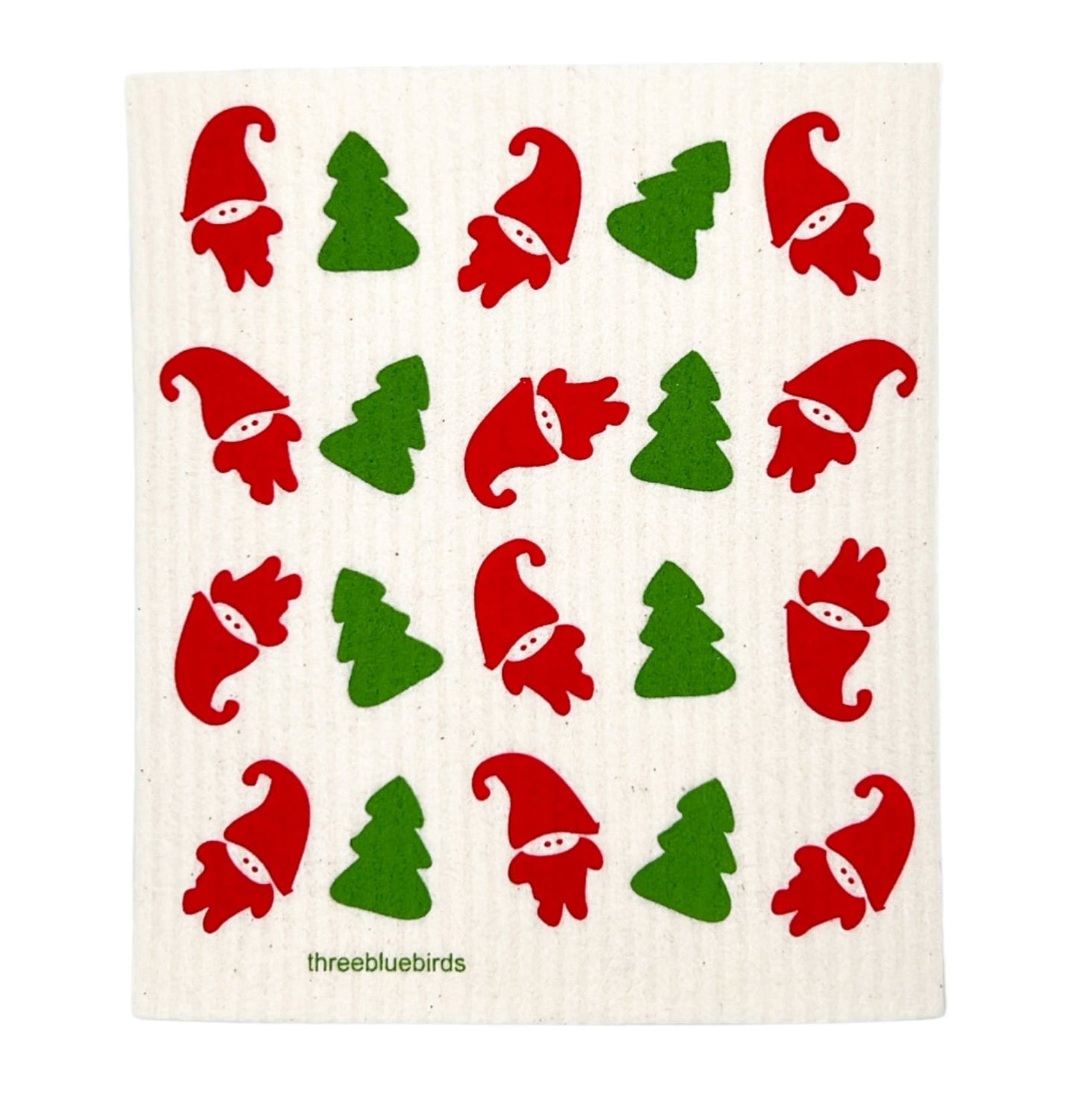 Three Bluebirds Swedish Holiday Dishcloth featuring festive holiday patterns, eco-friendly, reusable, and compostable cleaning cloth made from cellulose and cotton.