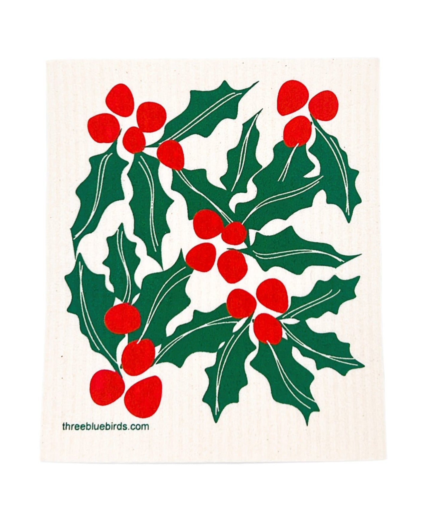 Three Bluebirds Swedish Holiday Dishcloth featuring festive holiday patterns, eco-friendly, reusable, and compostable cleaning cloth made from cellulose and cotton.