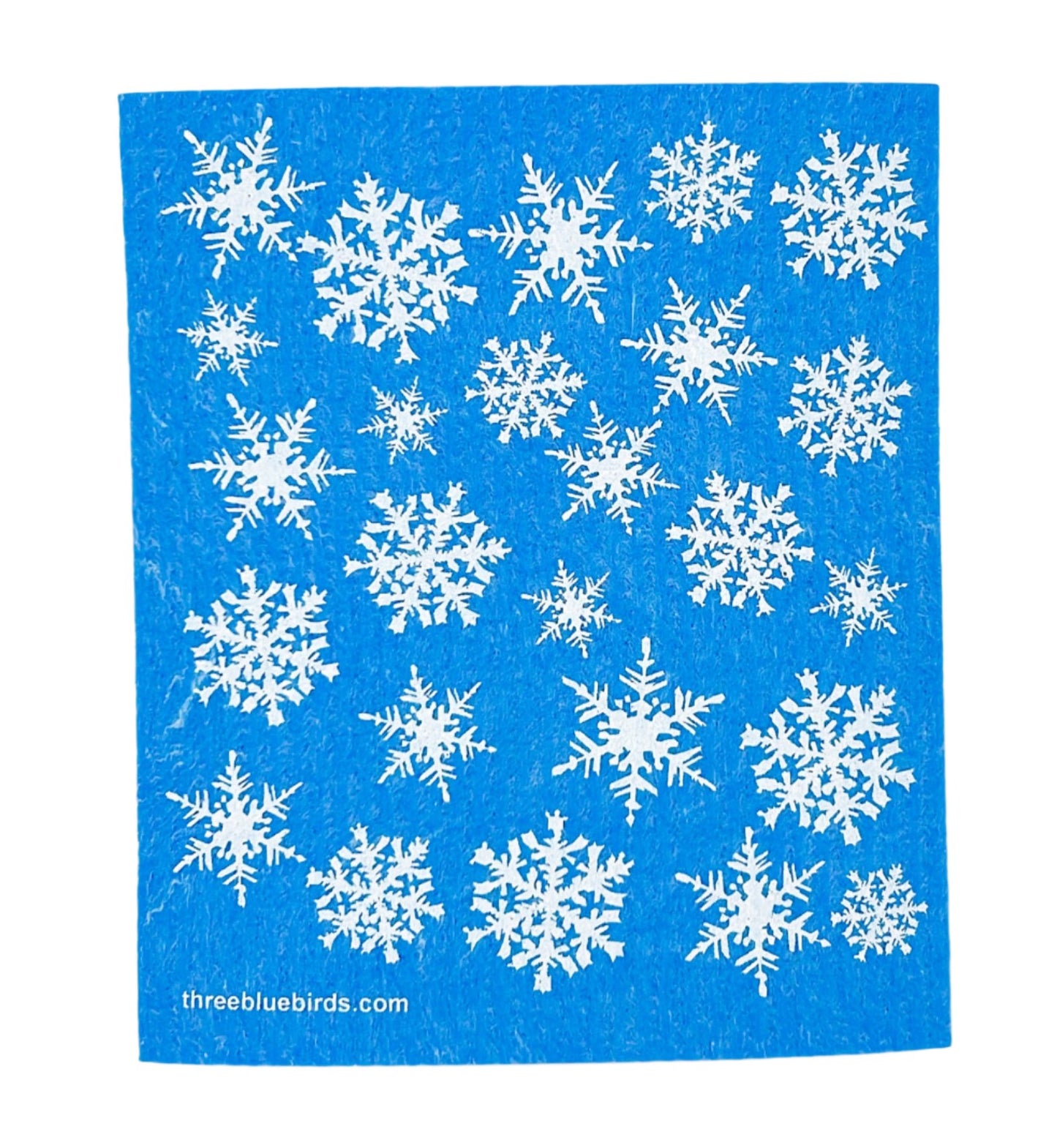 Three Bluebirds Swedish Holiday Dishcloth featuring festive holiday patterns, eco-friendly, reusable, and compostable cleaning cloth made from cellulose and cotton.