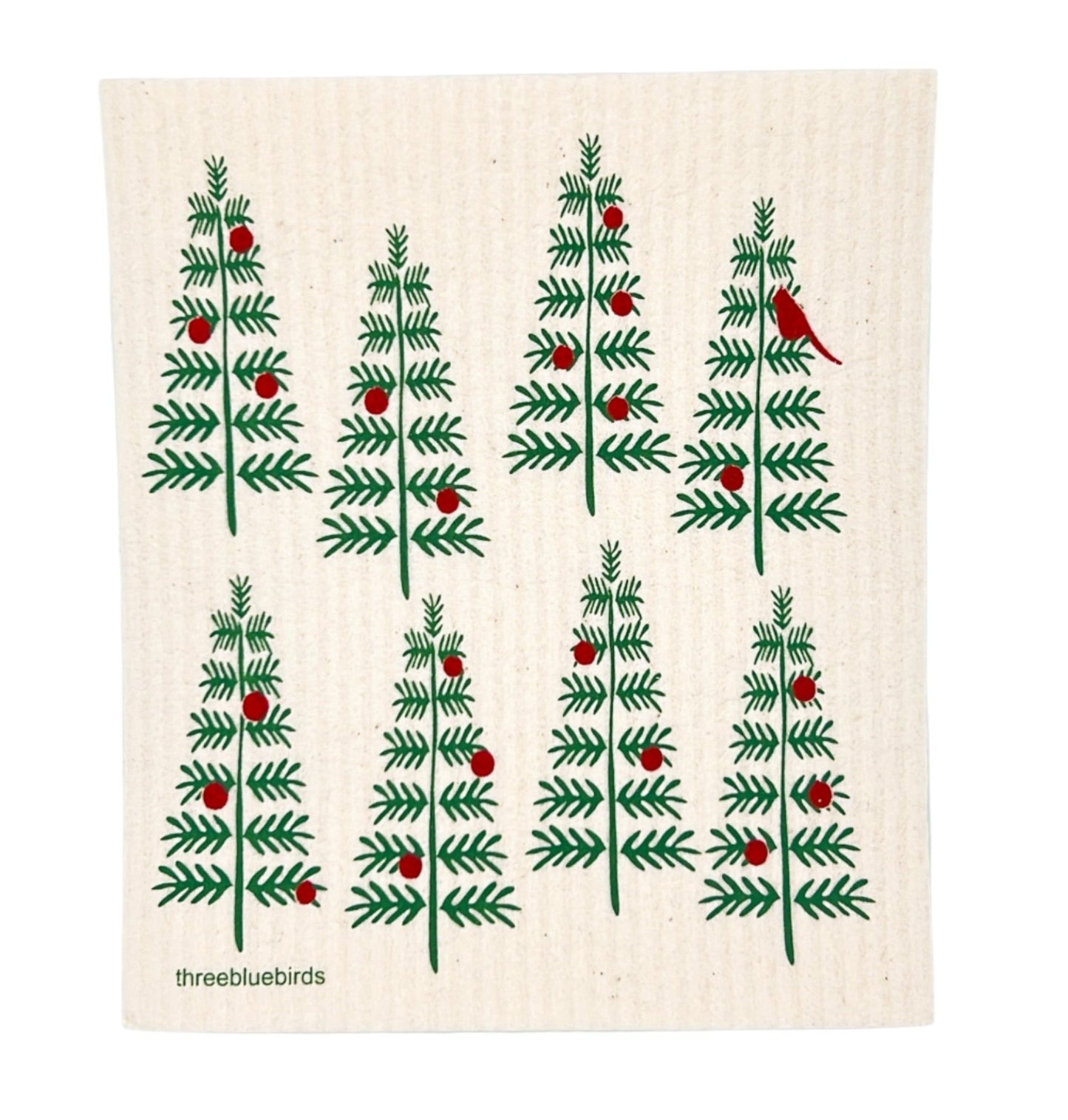 Three Bluebirds Swedish Holiday Dishcloth featuring festive holiday patterns, eco-friendly, reusable, and compostable cleaning cloth made from cellulose and cotton.