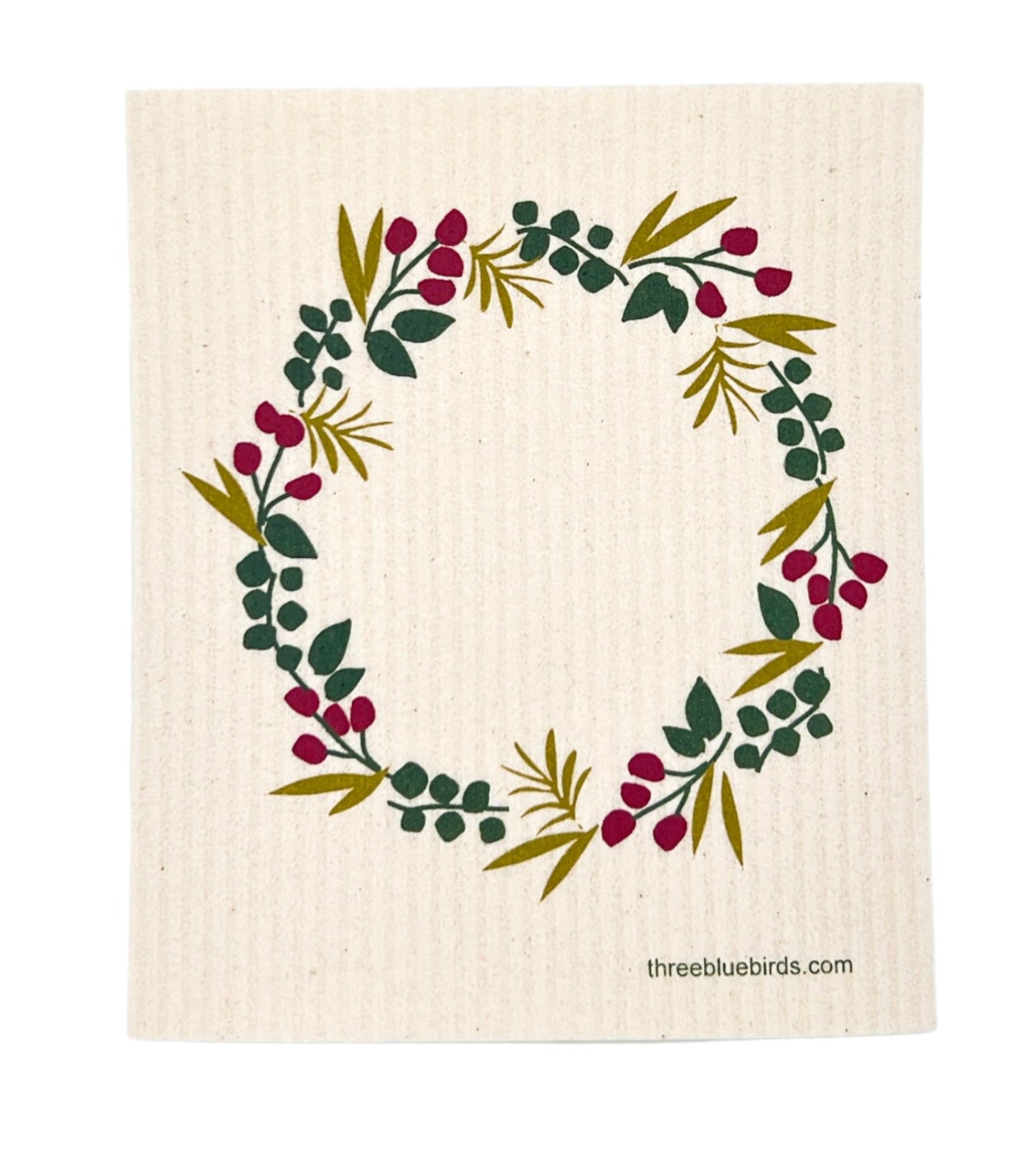 Three Bluebirds Swedish Holiday Dishcloth featuring festive holiday patterns, eco-friendly, reusable, and compostable cleaning cloth made from cellulose and cotton.