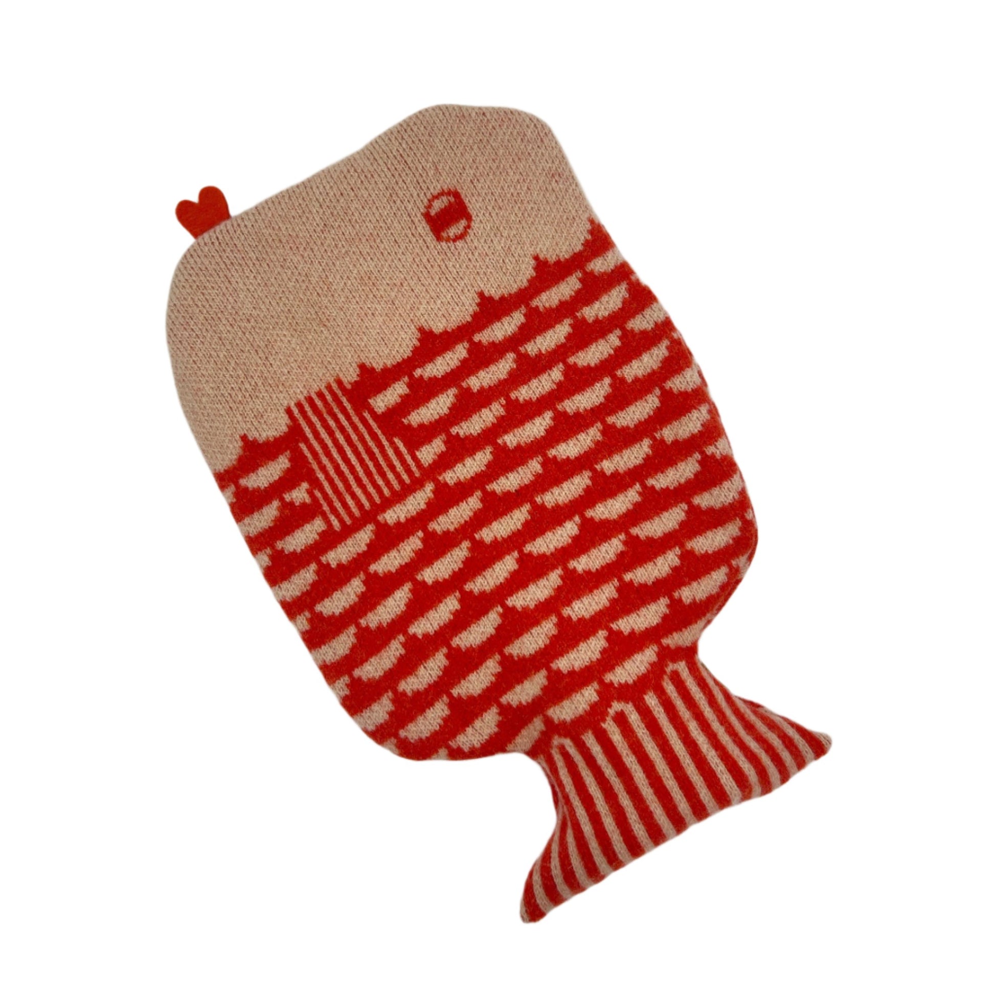 Donna Wilson Hot Water Bottle, cozy orange fish cover made from knitted lamb's wool, perfect for warmth and comfort.