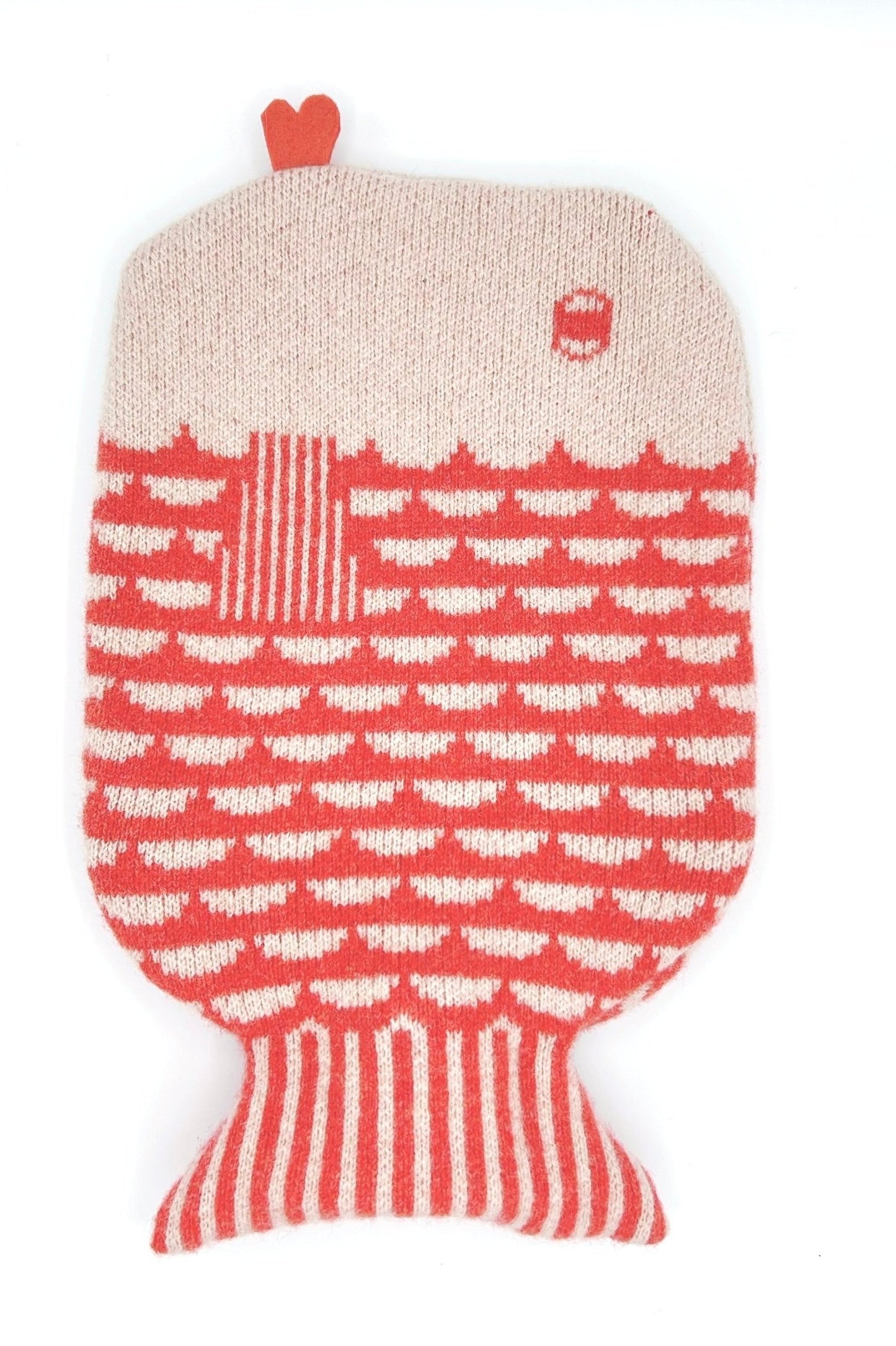 Donna Wilson Hot Water Bottle, cozy red fish cover made from knitted lamb's wool, perfect for warmth and comfort.