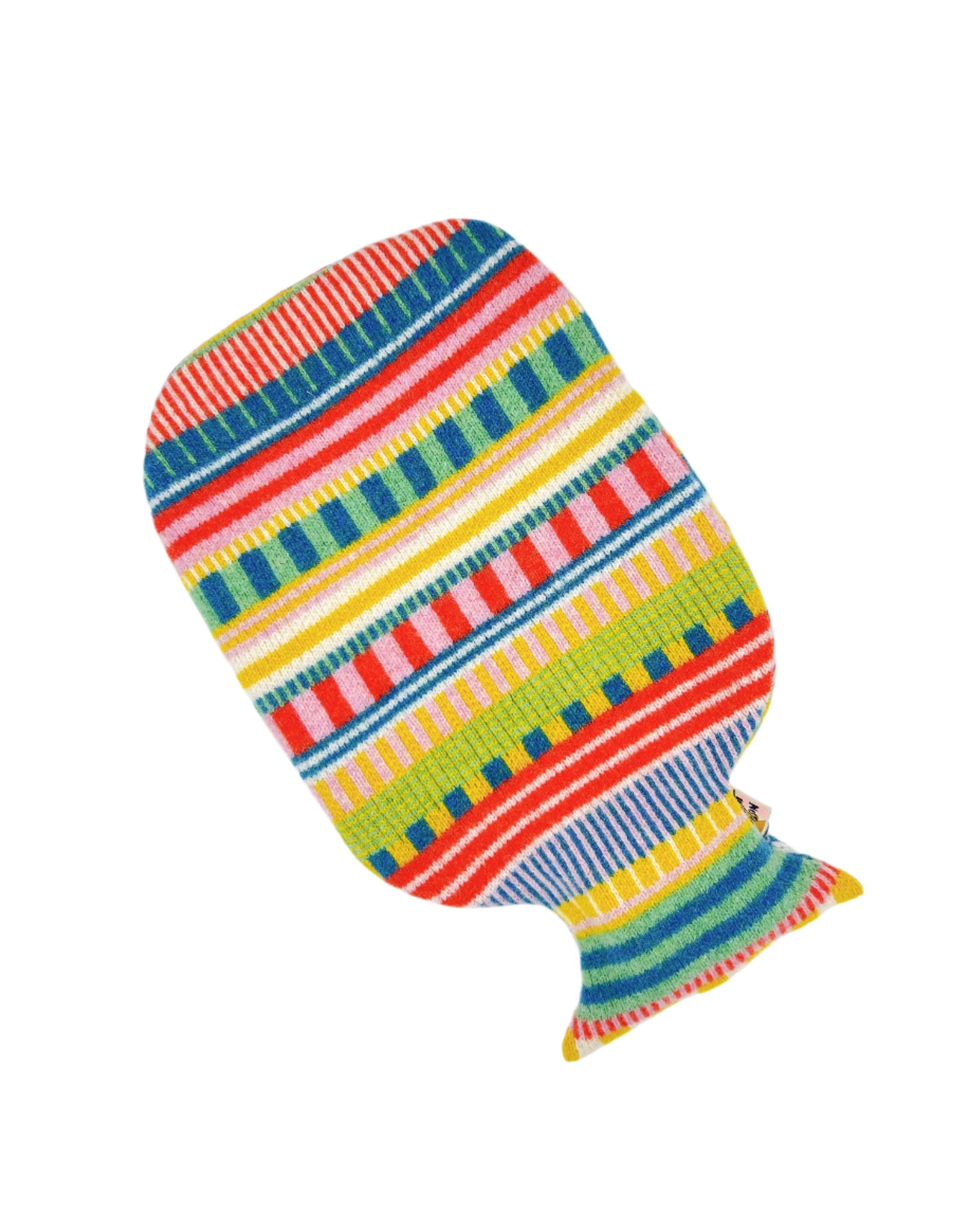 Donna Wilson Hot Water Bottle, cozy Static Stripe cover made from knitted lamb's wool, perfect for warmth and comfort.