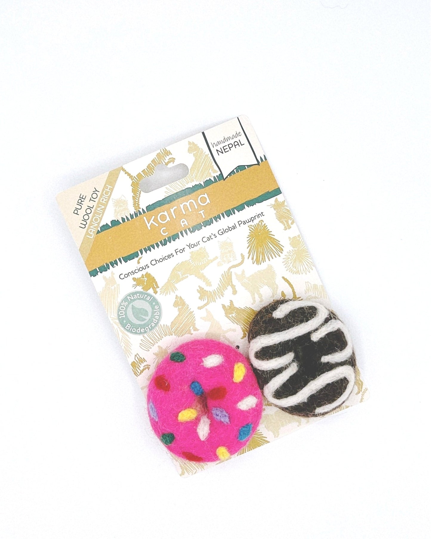 Handmade wool cat toys in a fun donut shape, perfect for eco-friendly playtime and keeping your cat entertained.