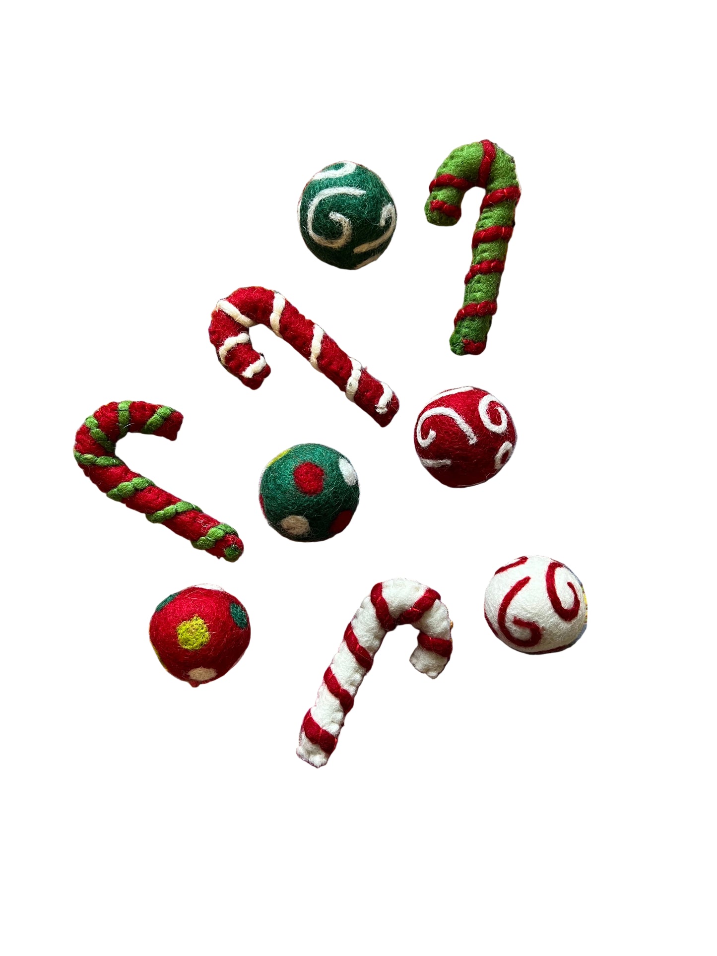 Karma Cat Holiday Wool Toys — handmade festive cat toys in ball and candy cane shapes, eco-friendly and fun for cats of all ages.