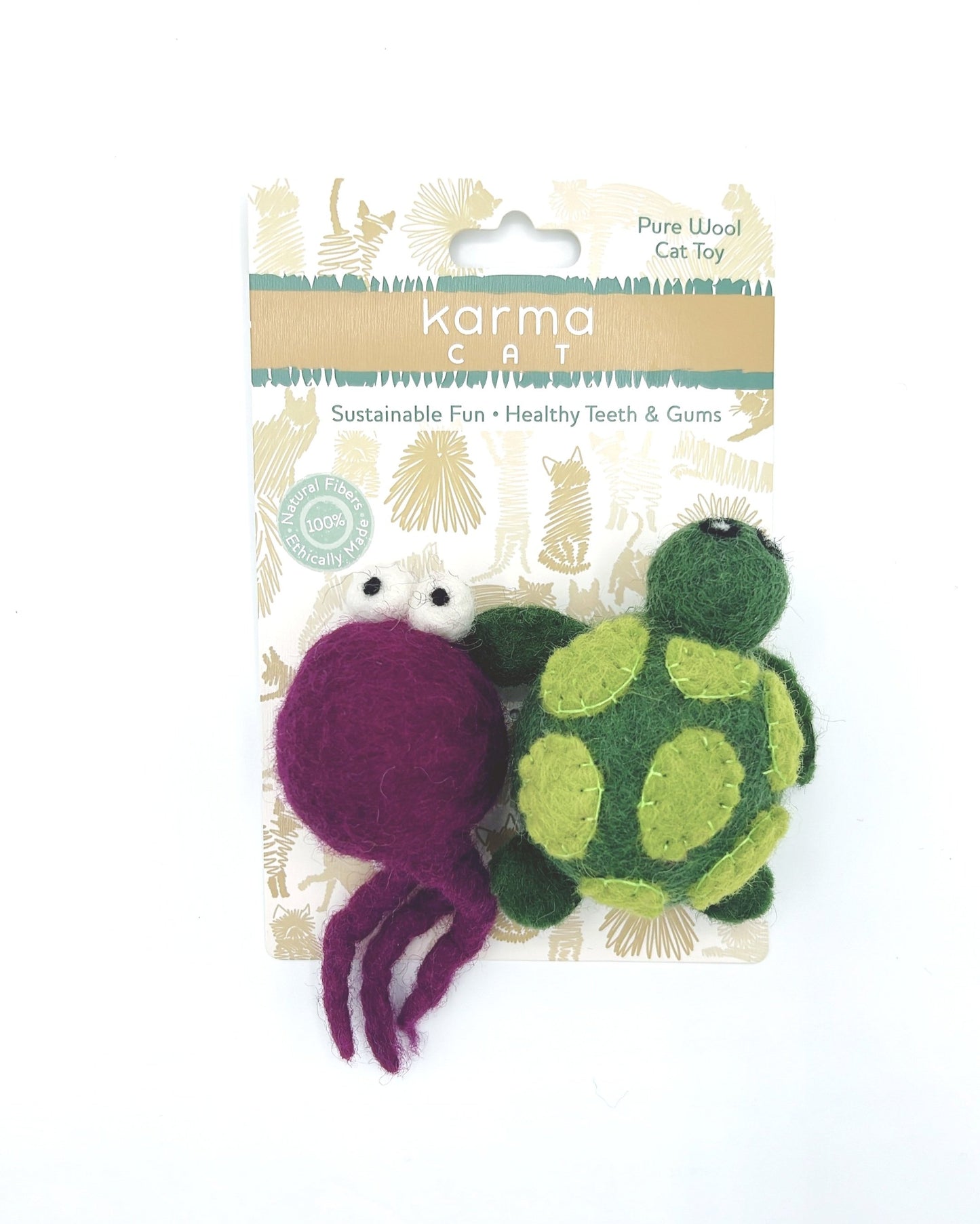 Eco-friendly, handmade turtle and jellyfish wool toys. Perfect for playful and curious cats.