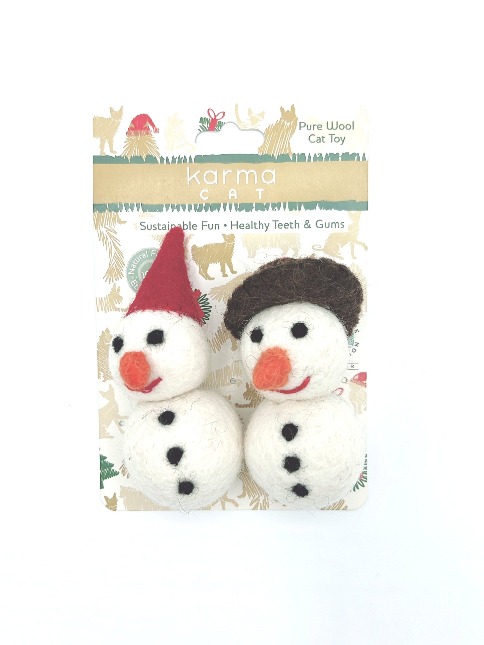 Handmade, eco-friendly wool snowmen toys. Perfect for playful and curious cats during the holidays.