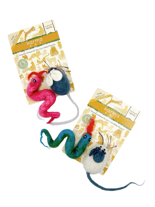 Karma Cat Wool Mouse and Snake Toys are eco-friendly, felted wool cat toys perfect for playful cats. They're ideal for chasing and batting, promoting healthy play with a natural, biodegradable design.