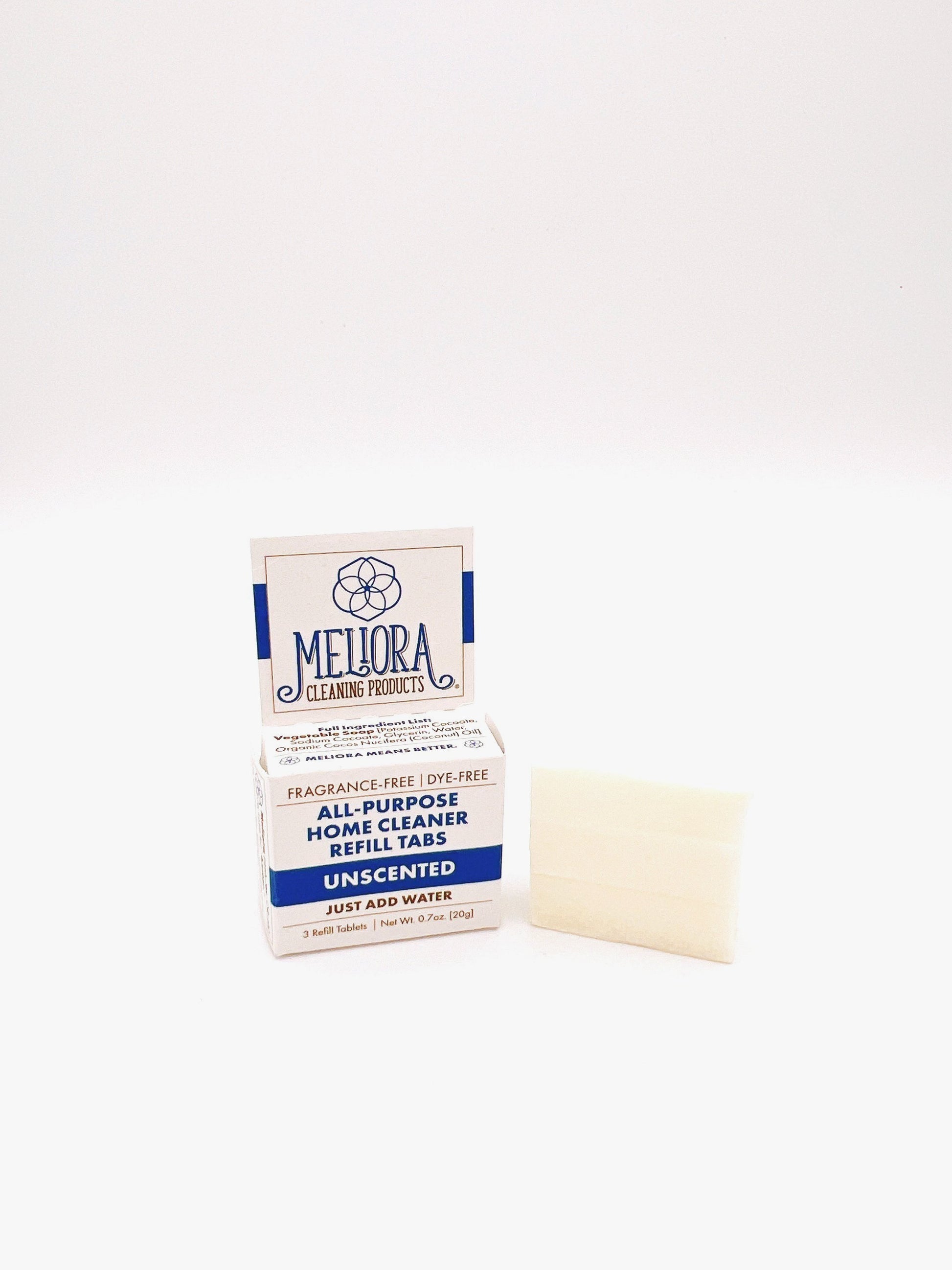 Meliora All Purpose Cleaning Tabs offer an eco-friendly way to clean surfaces. Just dissolve in water to create an effective cleaning solution.