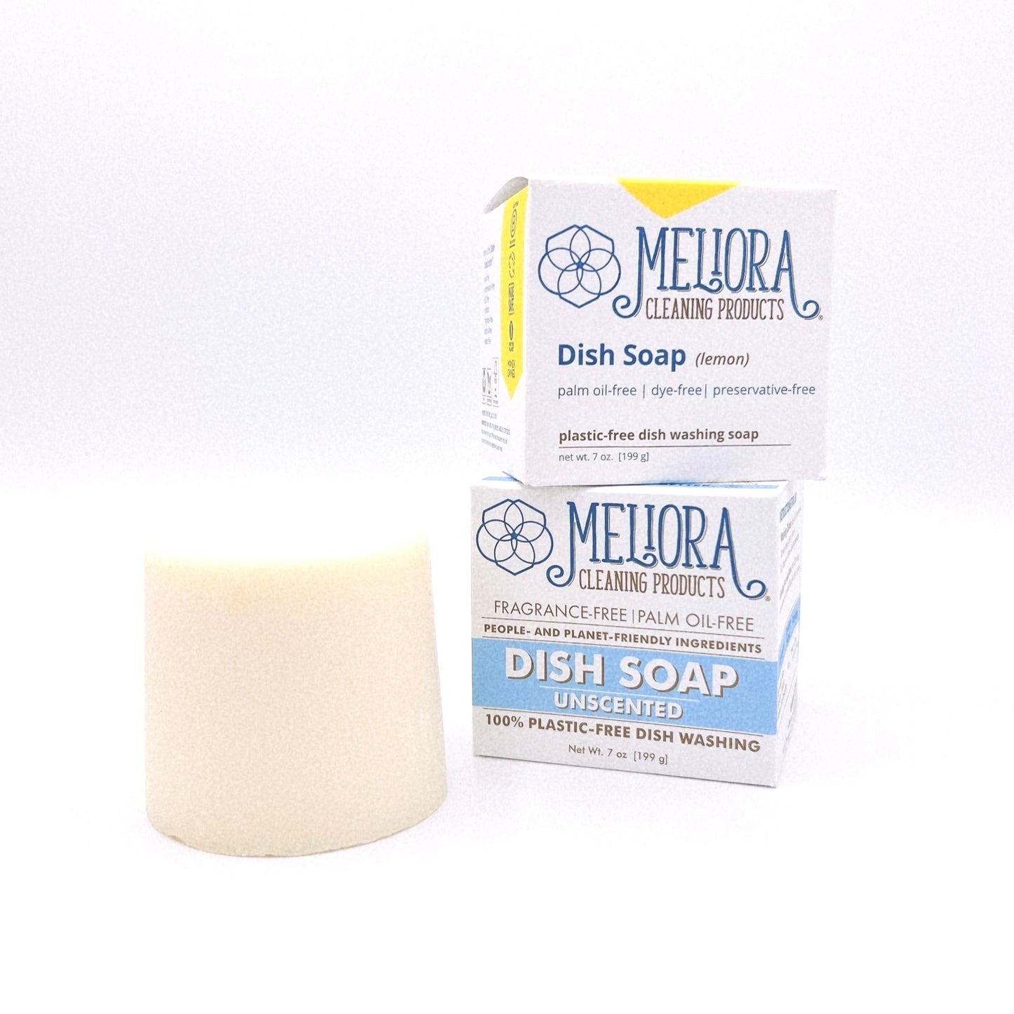 Meliora Dish Soap bar provides a plastic-free alternative for washing dishes, effectively removing grease and grime.