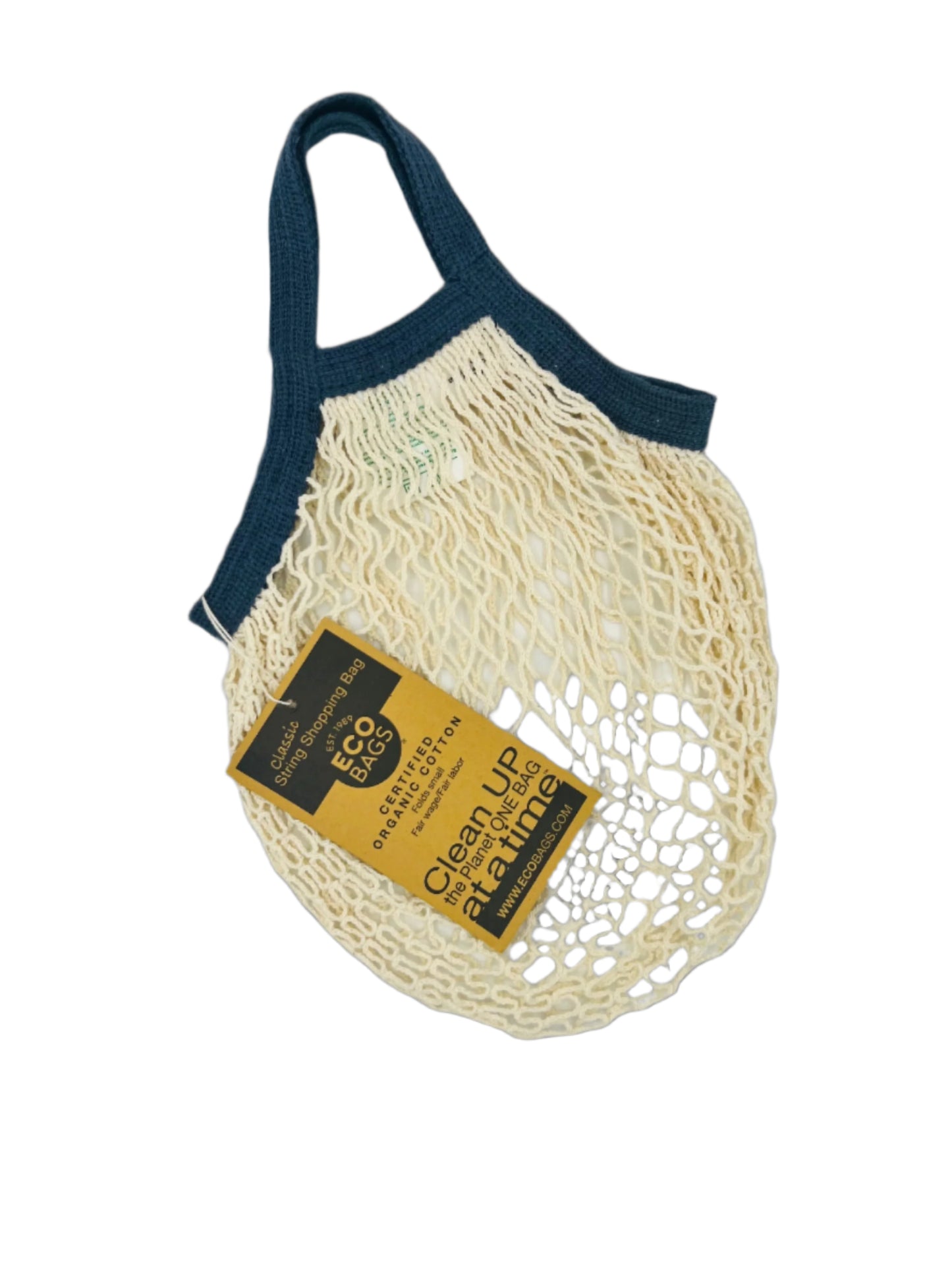 EcoBags Mini String Bag in natural cotton, compact and lightweight with soft handles, perfect for carrying groceries, produce, and everyday essentials. A durable and eco-friendly reusable bag for sustainable living.