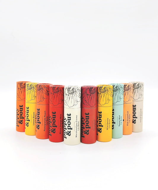 Poppy and Pout Lip Balm is a natural, nourishing lip balm with eco-friendly packaging, available in various flavors for soft lips.