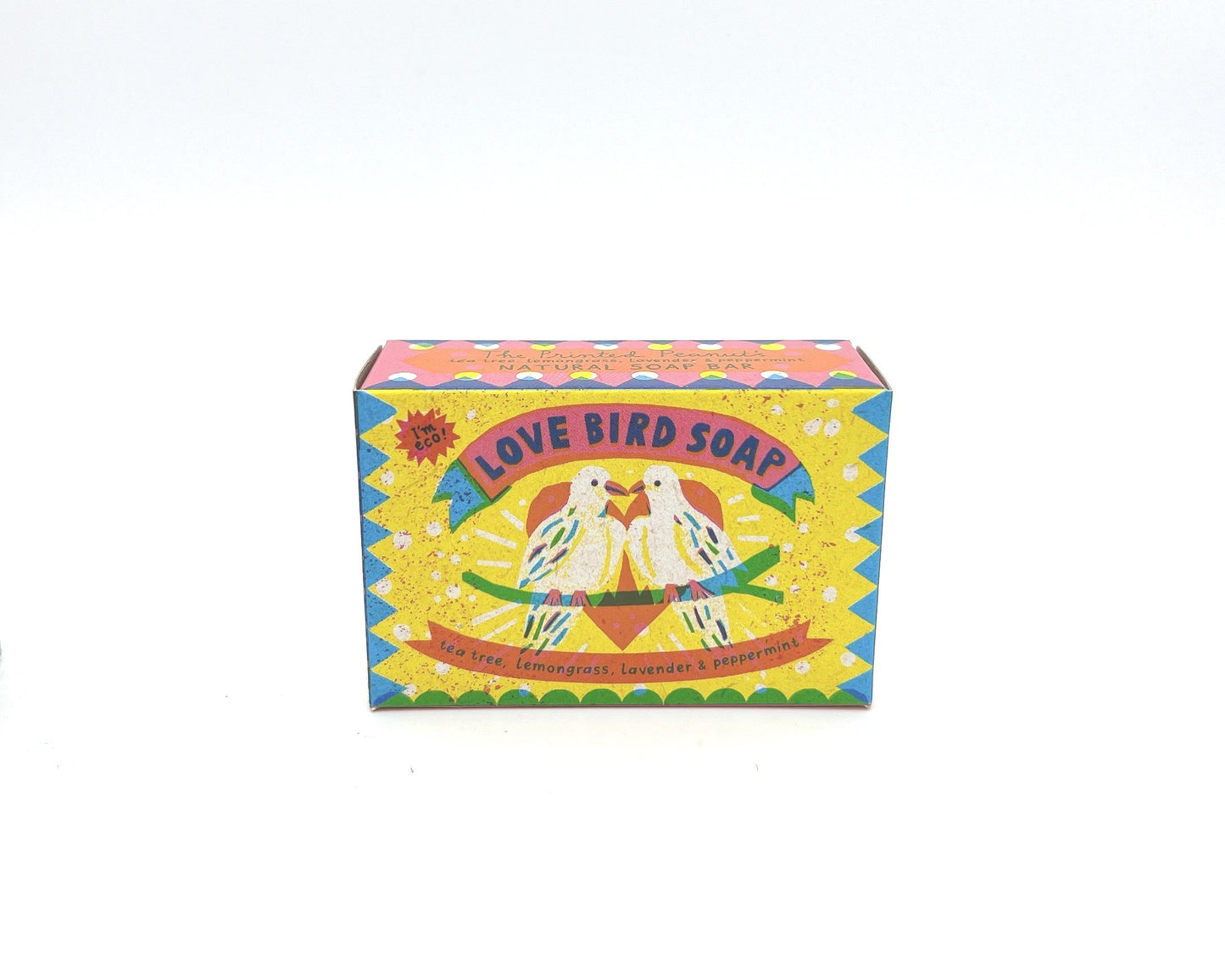 Eco-friendly bar soap with vibrant, printed packaging. Made from natural ingredients for a gentle cleanse.