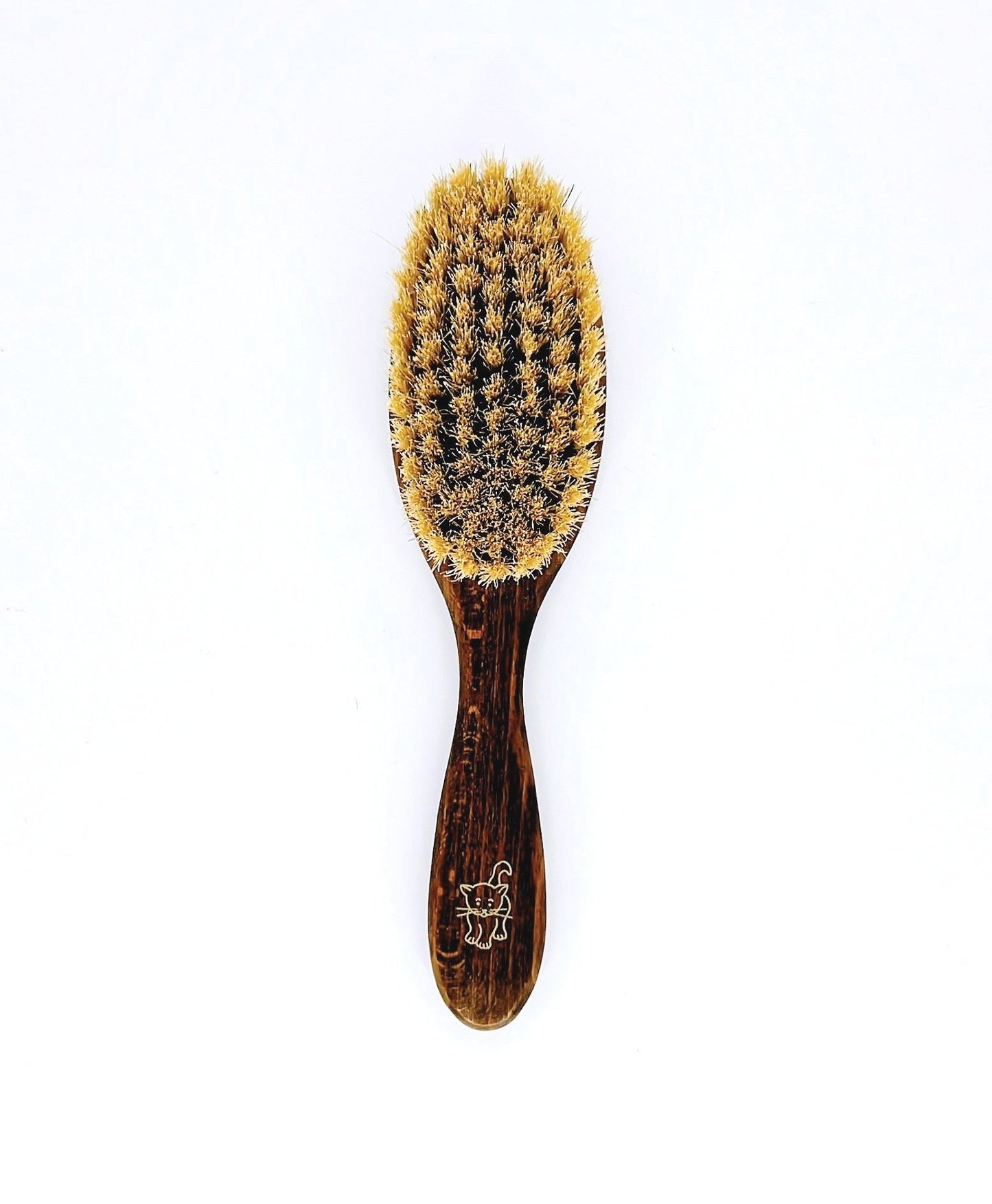 Eco-friendly cat brush with wooden handle and soft bristles, perfect for grooming your cat and reducing shedding.