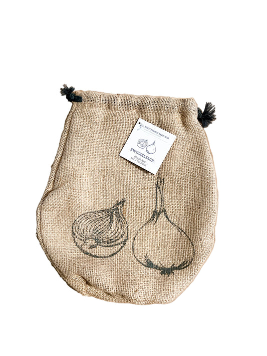 Redecker Onion Bag made from burlap and nettle cotton, 24x26 cm, perfect for storing onions, garlic, and shallots.