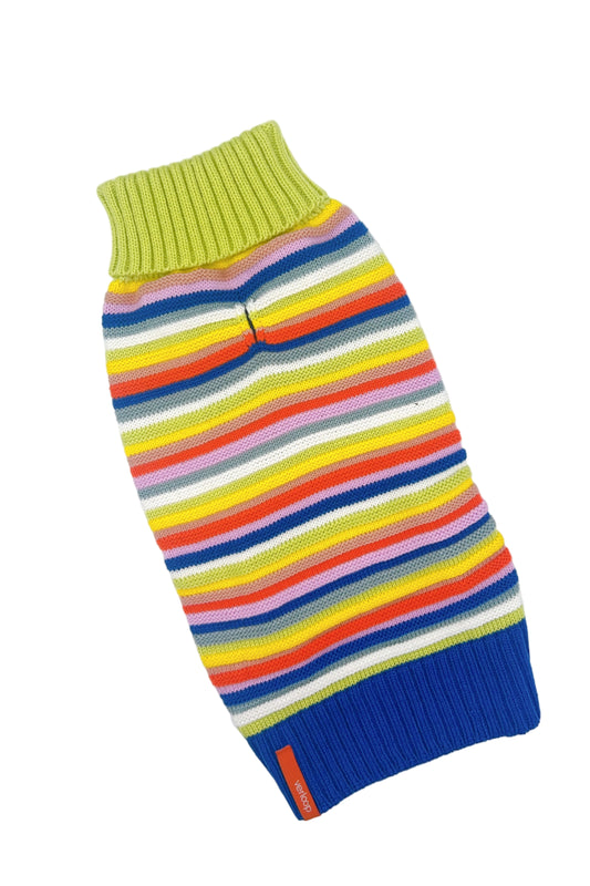 Colorful striped dog sweater by Verloop, featuring a cozy knit design with vibrant horizontal stripes and a comfortable fit for pets.