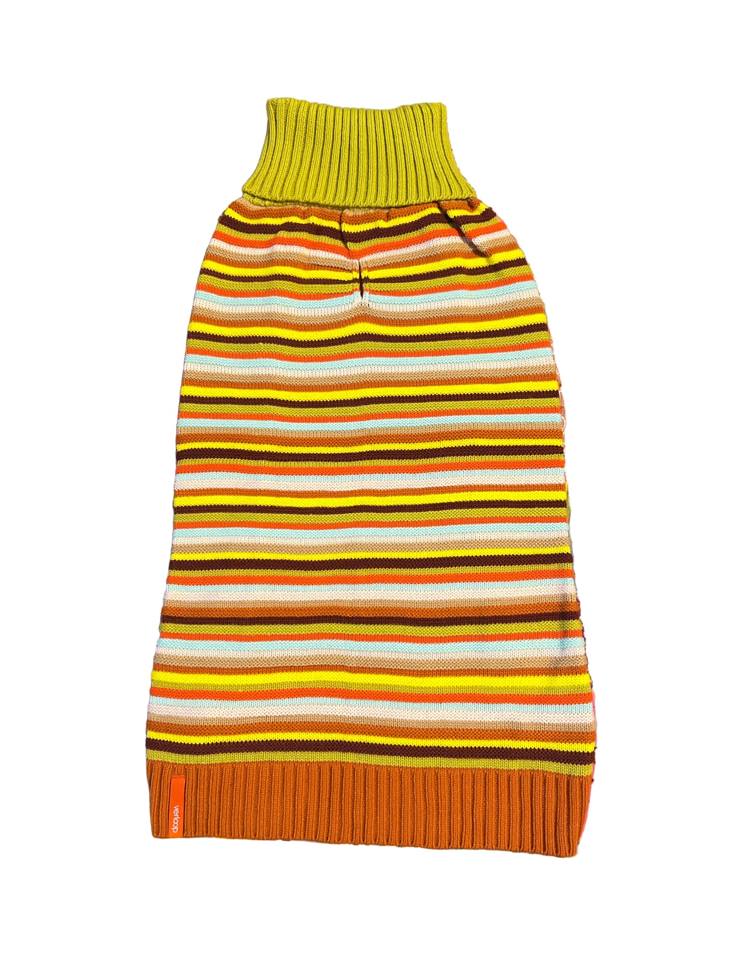 Colorful striped dog sweater by Verloop, featuring a cozy knit design with vibrant horizontal stripes and a comfortable fit for pets.