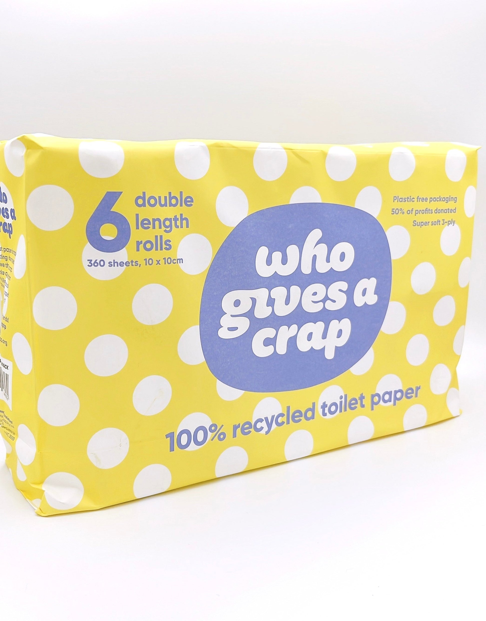 Who Gives a Crap Toilet Paper 6 Pack eco-friendly, soft toilet paper made from sustainable recycled paper. Plastic-free packaging.