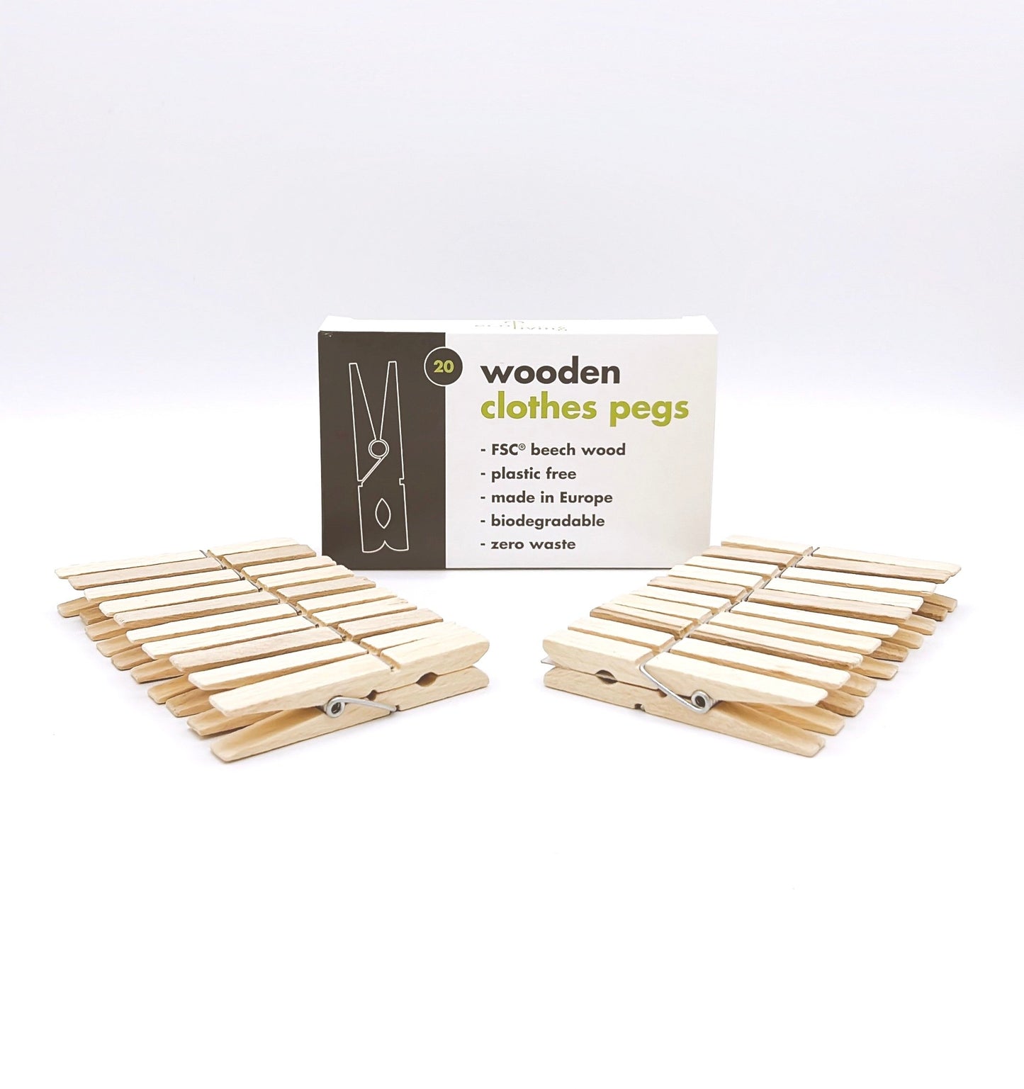 Set of durable, eco-friendly wooden clothespins for laundry or crafts. Perfect for hanging clothes or organizing items.