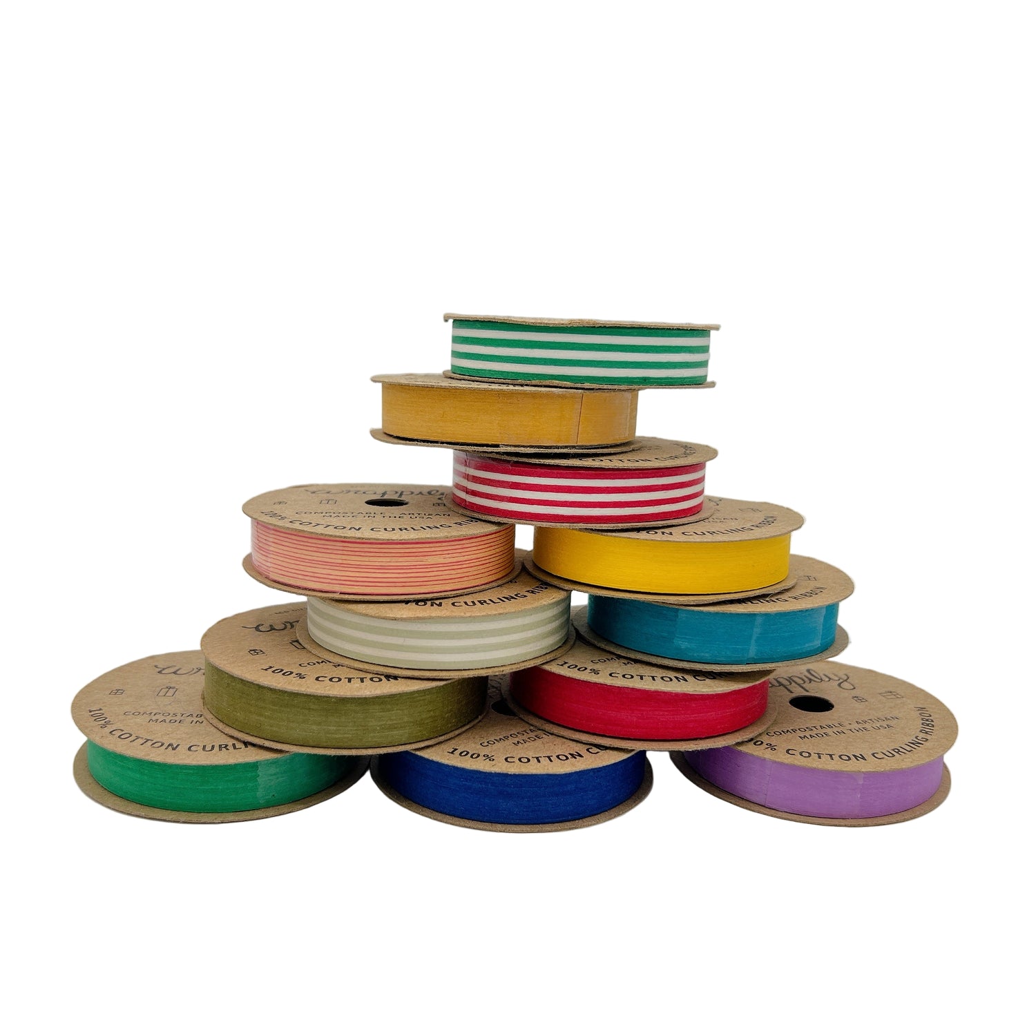 Eco-friendly Wrappily Curling Ribbon made from 100% cotton, shown in bright colors perfect for gift wrapping and sustainable celebrations.
