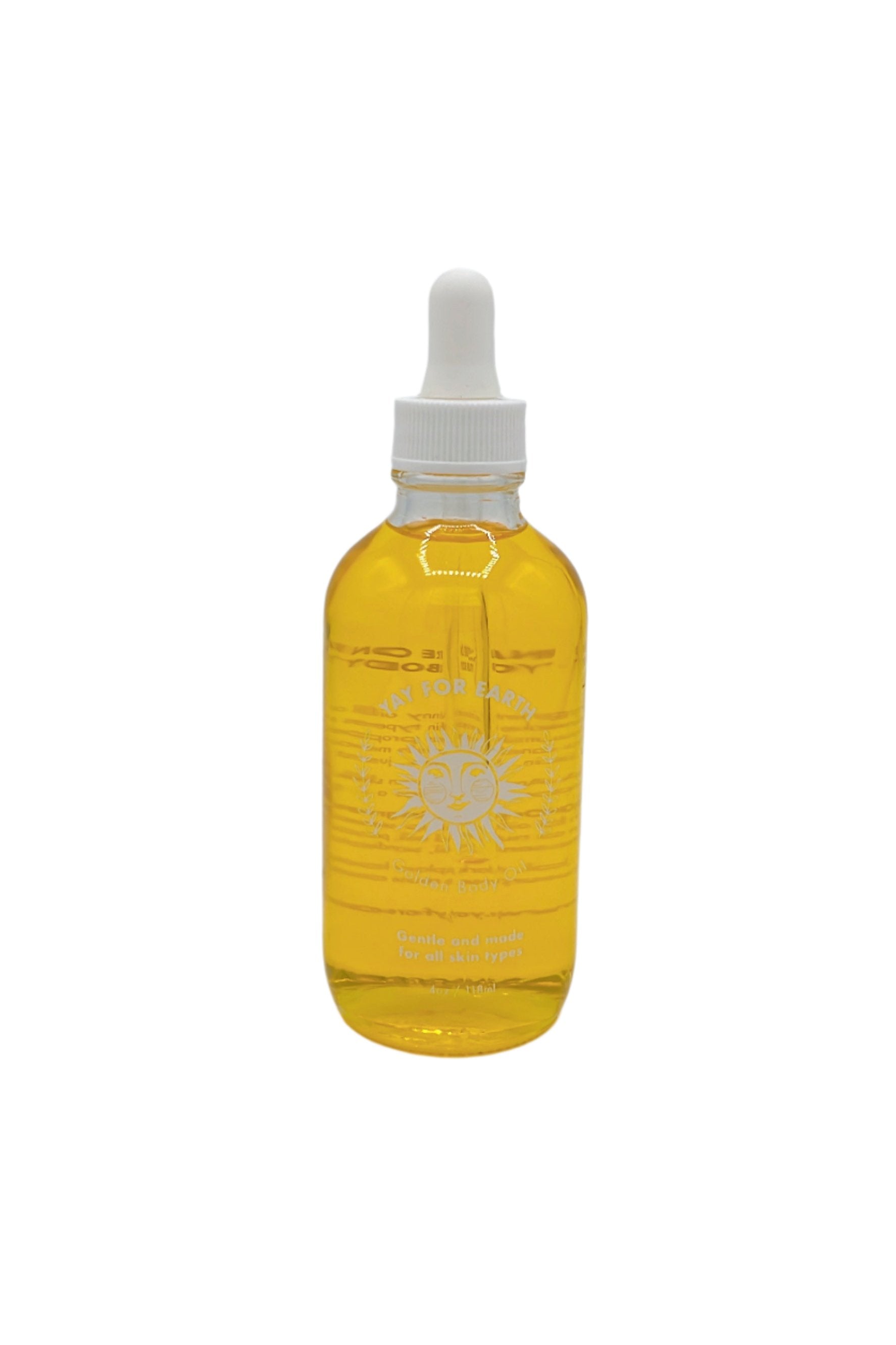 Yay For Earth Body Oil bottle with a clean, minimal design, containing a golden, eco-friendly oil. Ideal for hydrating dry, sensitive skin and providing a natural, radiant glow.