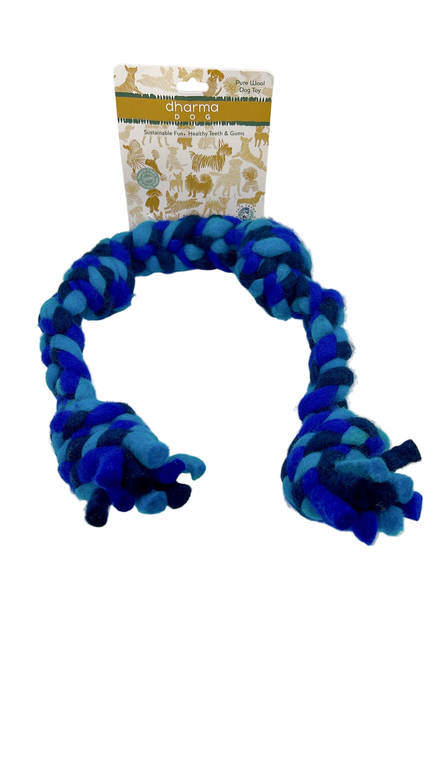 Natural wool Dharma Dog Knotted Rope Toy made from wool fibers, featuring durable knotted design for eco-friendly dog play and dental health.
